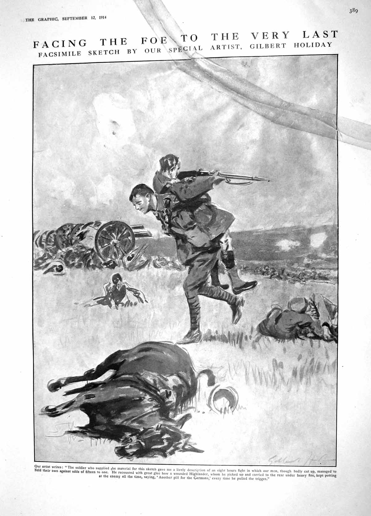 Original Old Antique Print 1914 War Siers Dead Horse Highlander Gilbert Holiday
