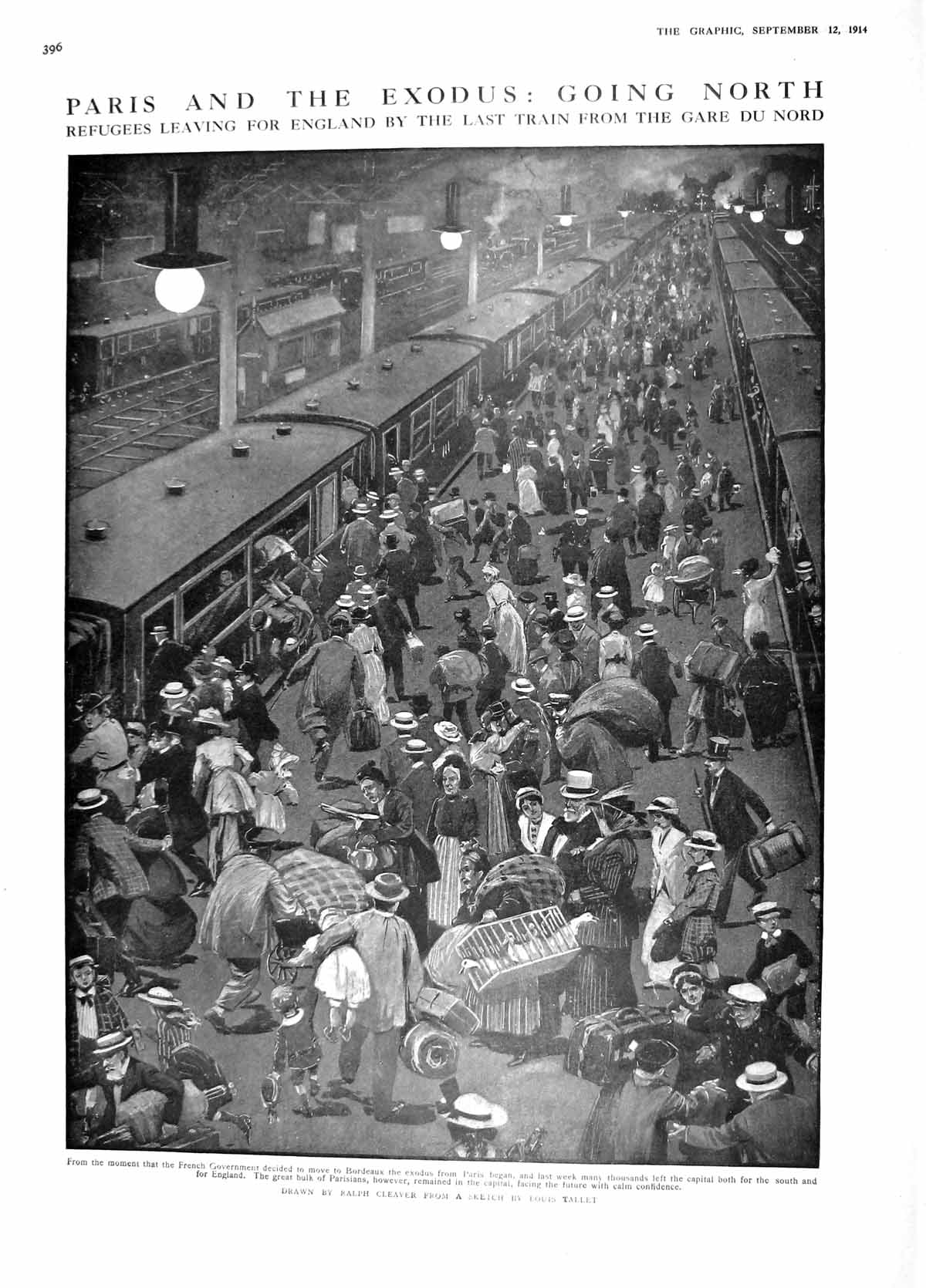 Original Old Antique Print 1914 Paris Railway Station Train Gare Du Nord Exodus