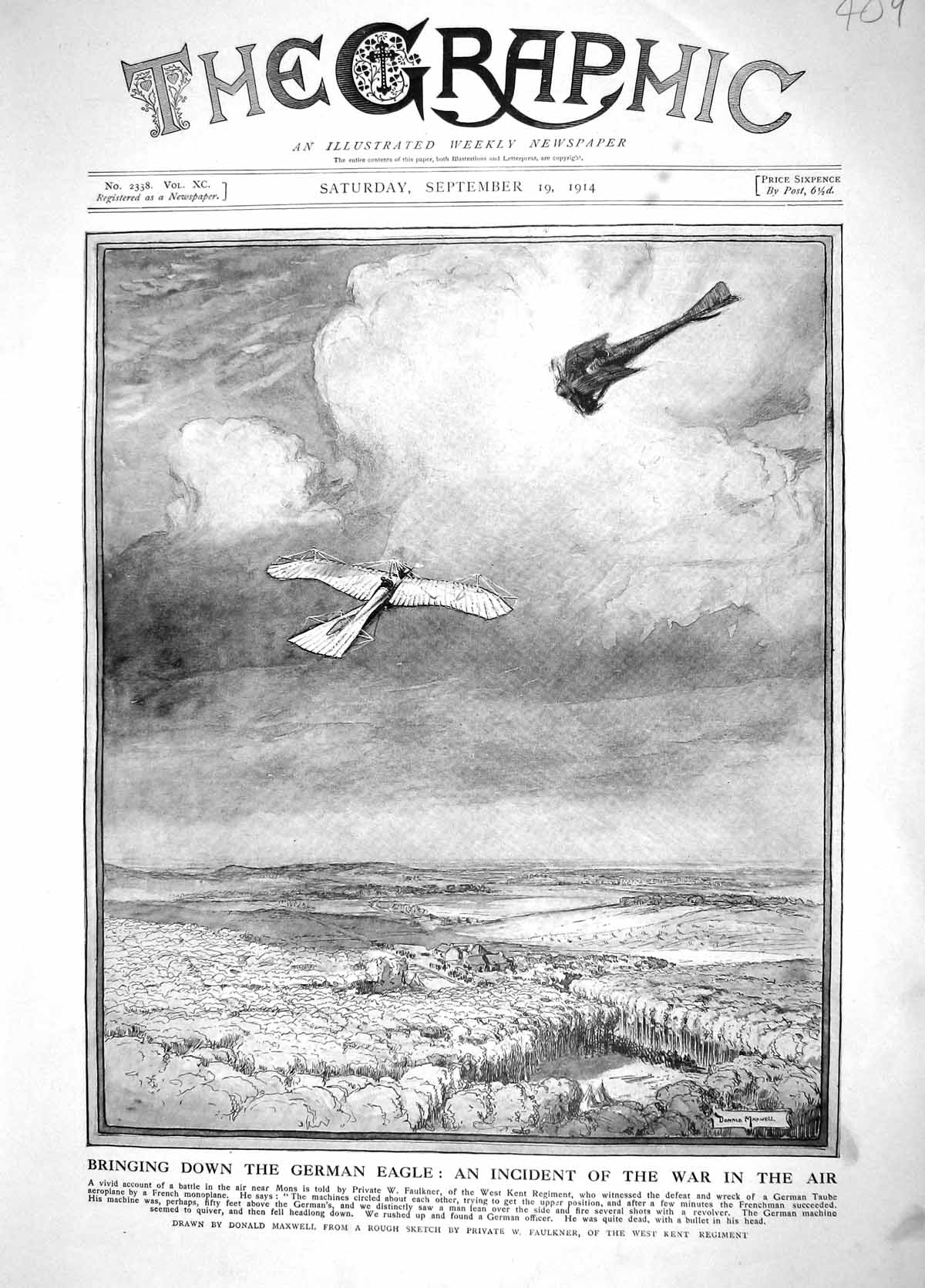 Original Old Antique Print 1914 Mons War German Eagle Faulkner Taube Ae 20th