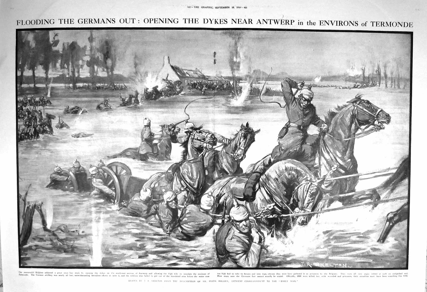 Original Old Antique Print 1914 Flood German Siers War Antwerp Termonde Horses