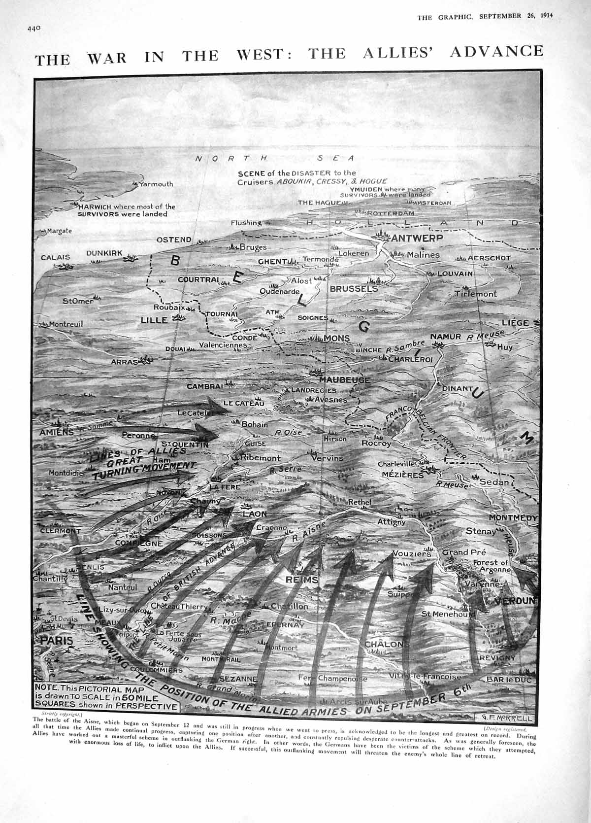 Original Old Antique Print 1914 Map War West Battle Aisne Maubeuge Russia 20th