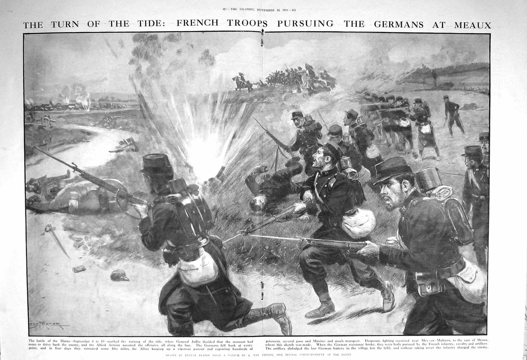 Original Old Antique Print 1914 French Siers War Germans Meaux Battle Marne