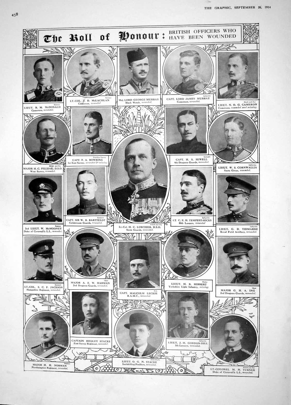 Original Old Antique Print 1914 War Honour Lowther Stacke Murray Bradfor 20th