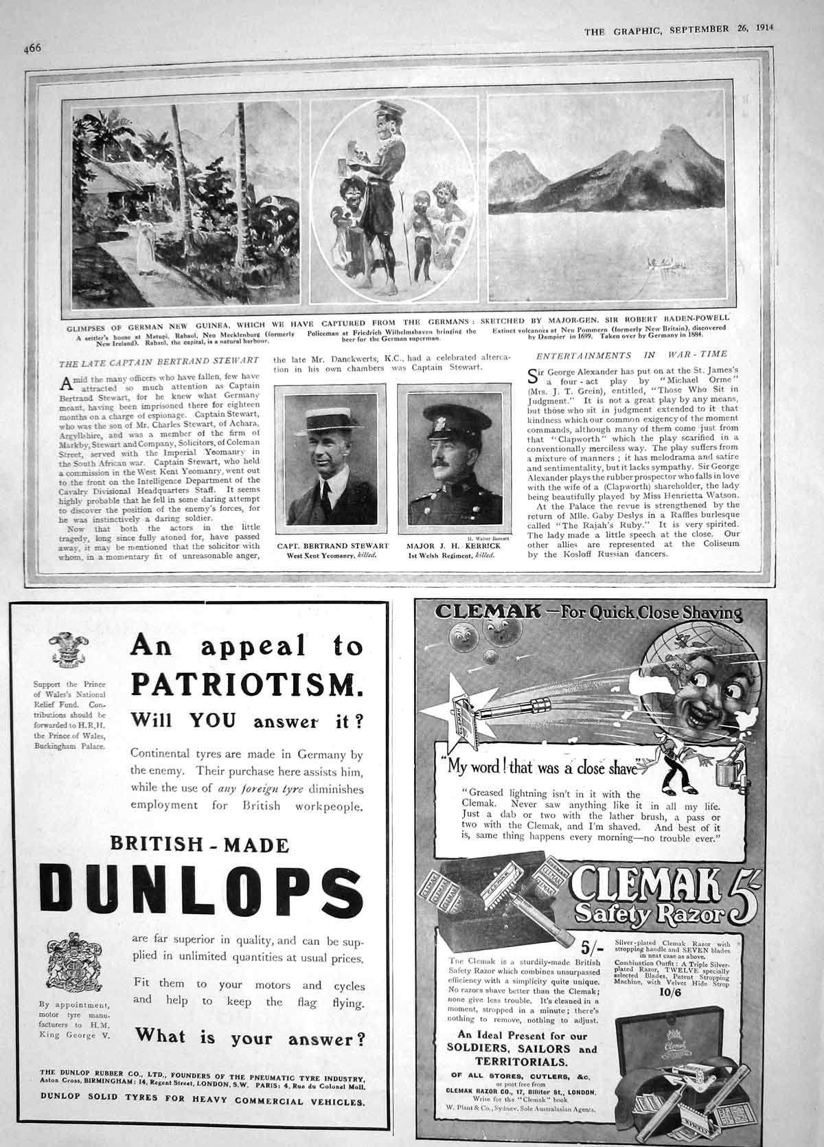 Original Old Antique Print 1914 Baden-Powell New Guinea Stewart Kerrick Pommern