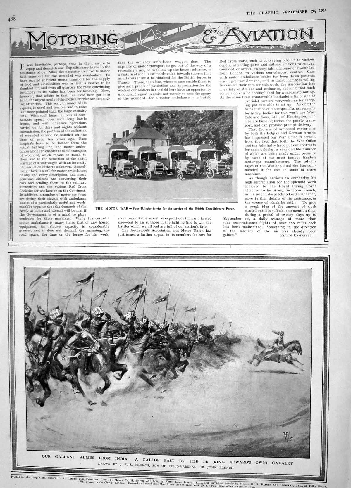 Original Old Antique Print 1914 Motor Car War Daimler Lorries King Edward Army