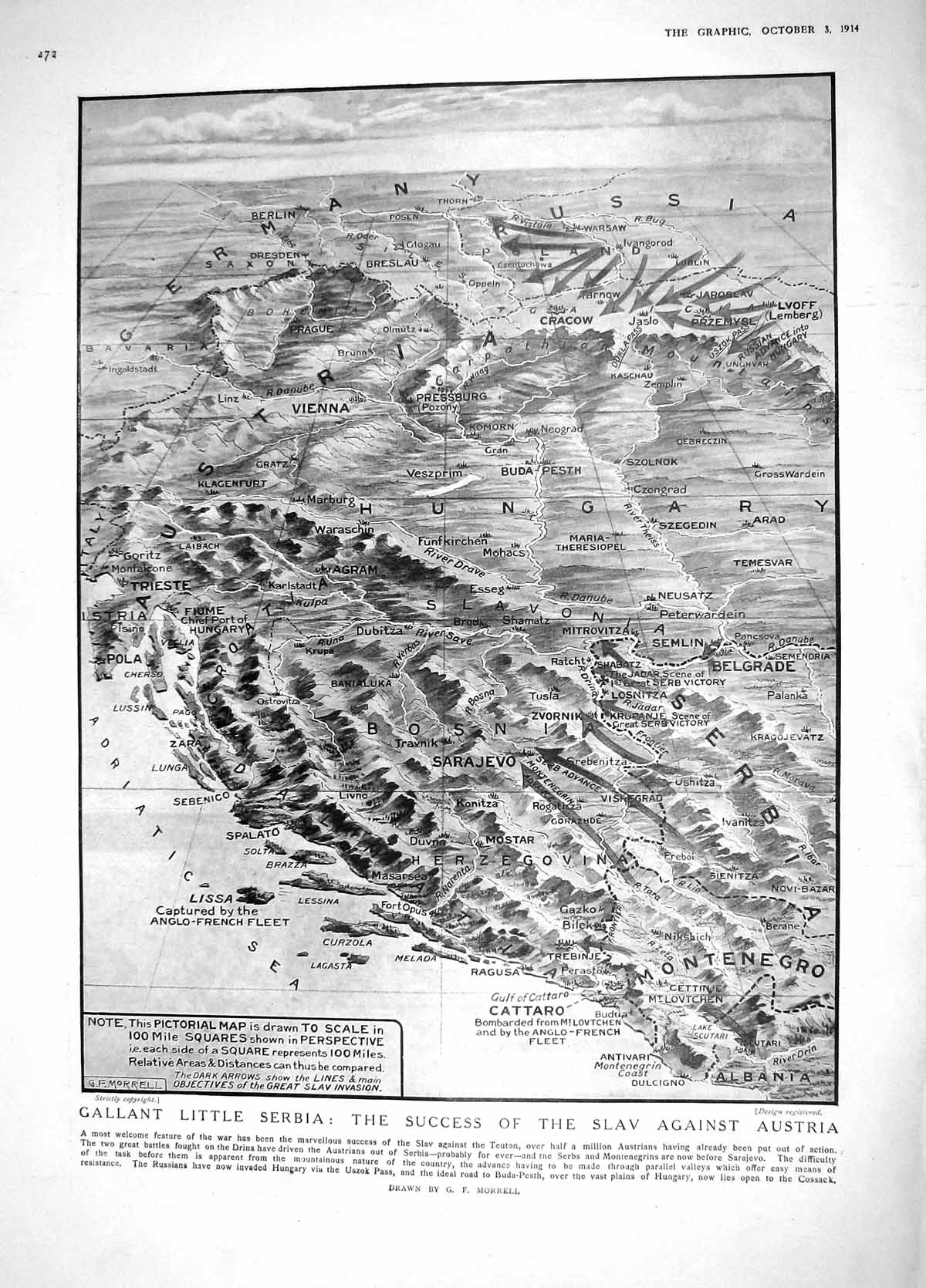 Original Old Antique Print 1914 Serbia Map Slav Austria Teuton Hungary War 20th