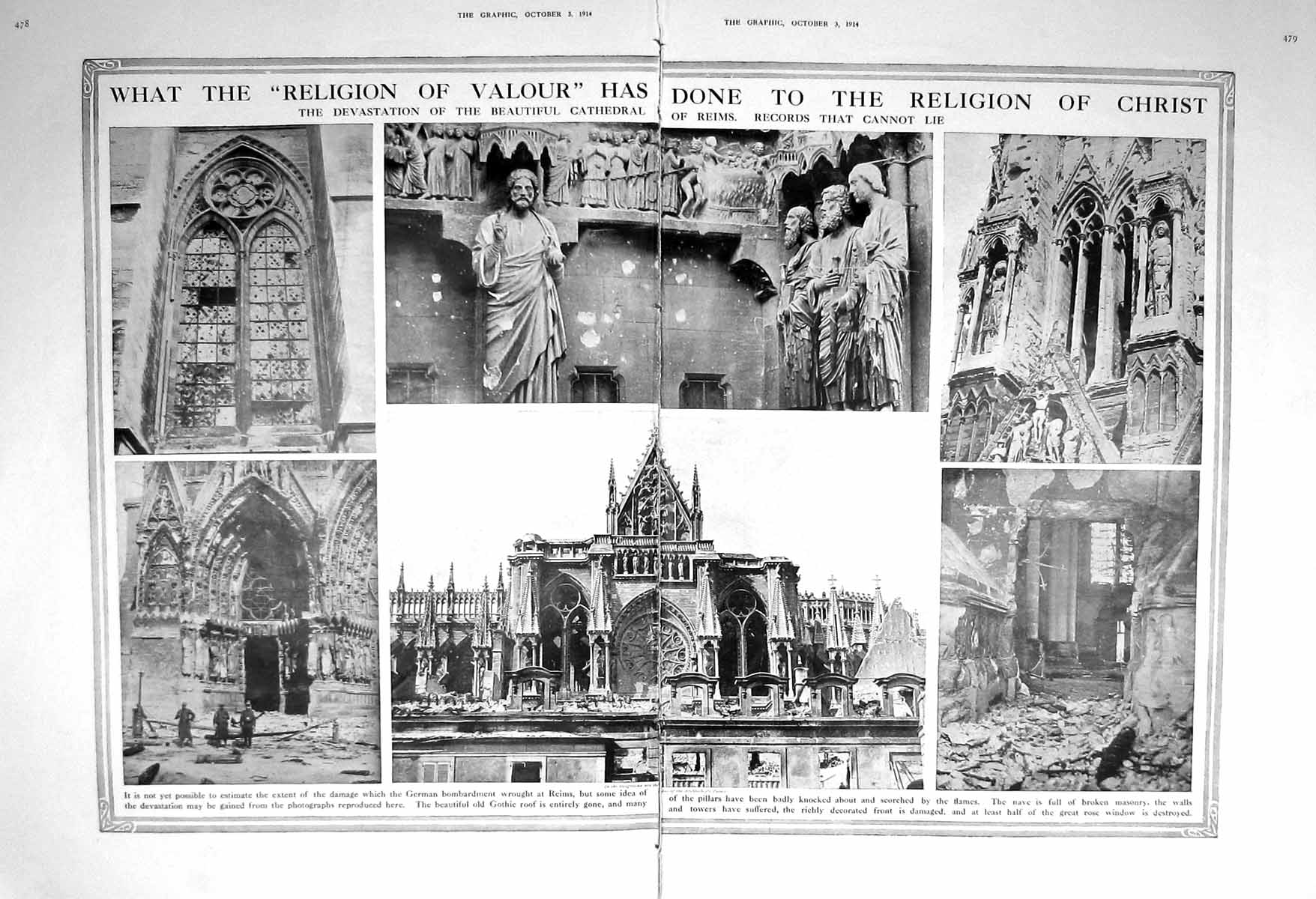 Original Old Antique Print 1914 Devastation Cathedral Reims Architecture Photo