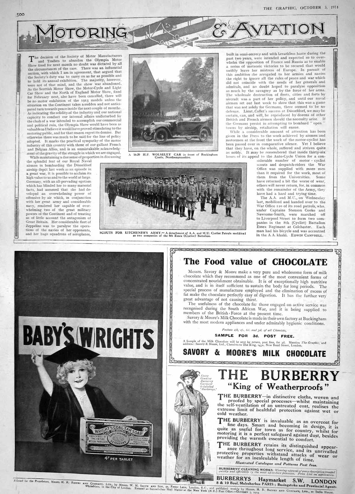 Original Old Antique Print 1914 Wolseley Motor Car Scouts Kitcheners Army Essex