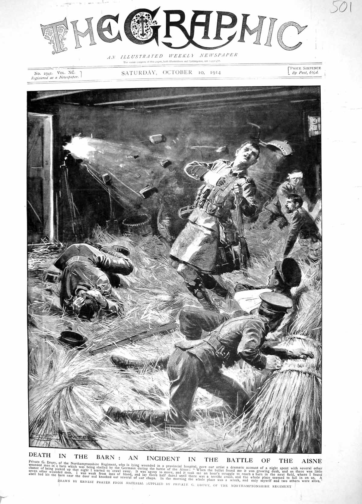Original Old Antique Print 1914 Battle Aisne Drury Northamptonshire Siers War
