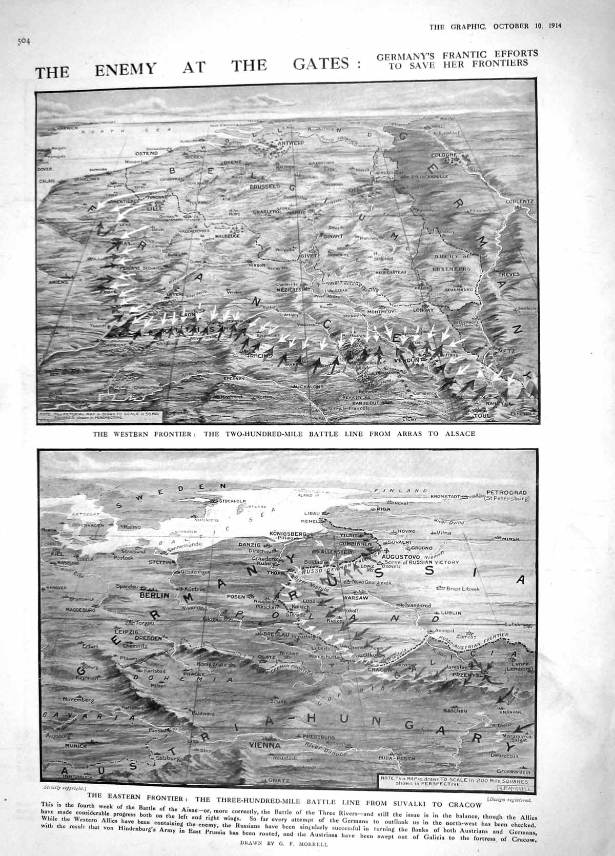 Old Antique Print 1914 Western Frontier Map Arras Alsace Cracow Antwerp 20th