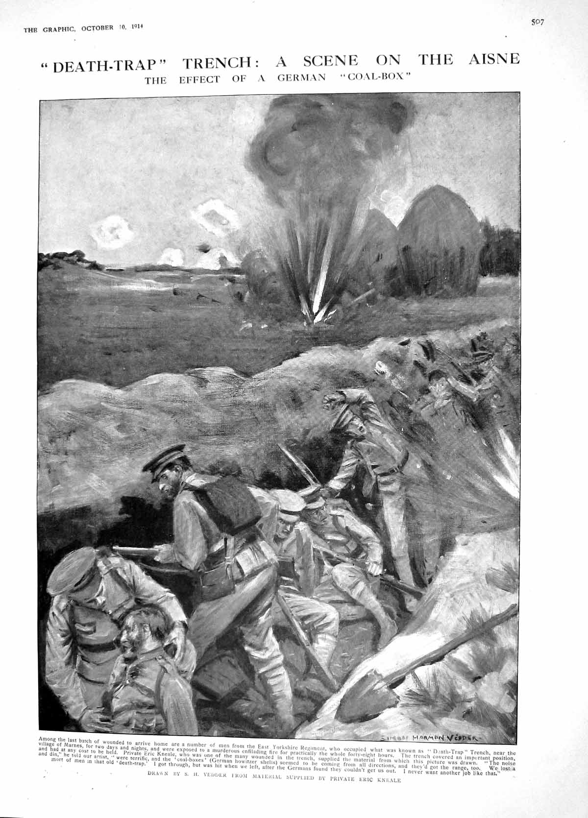 Original Old Antique Print 1914 War Death-Trap Trench Aisne Siers German Coal
