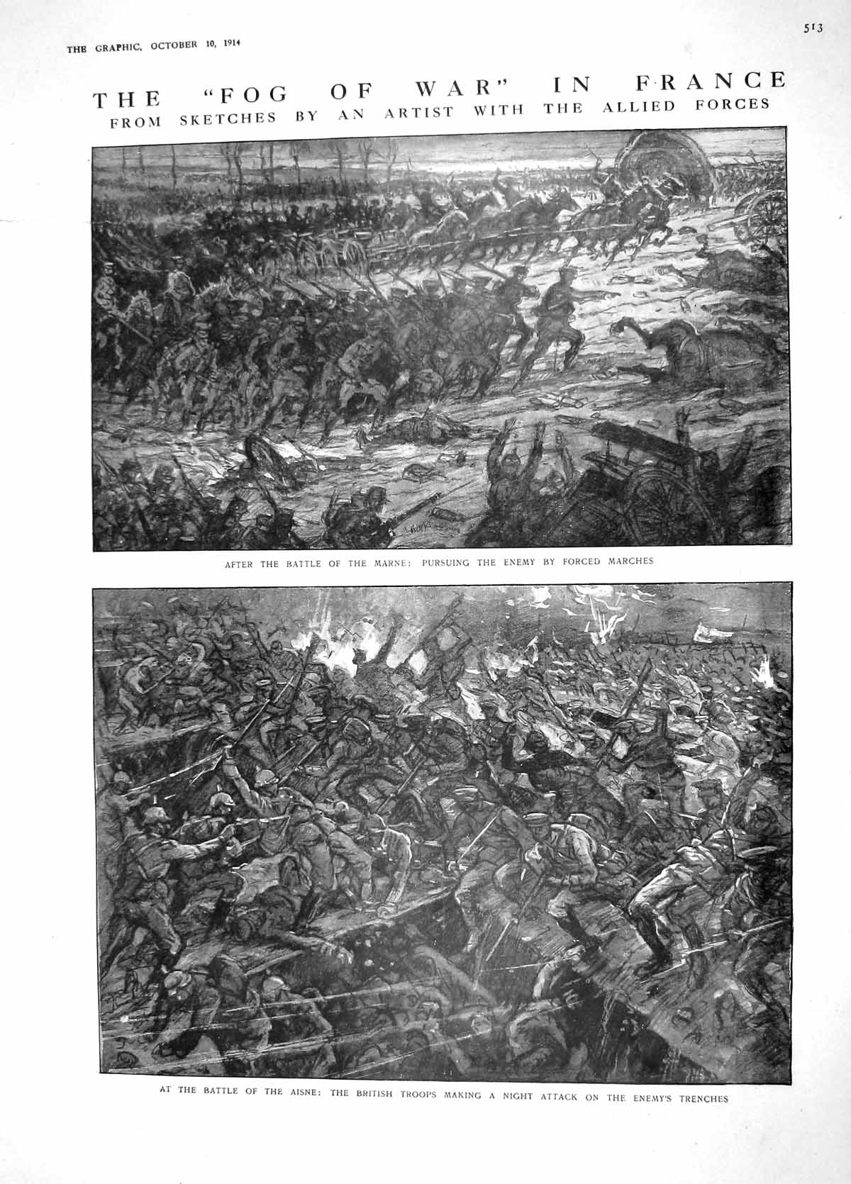 Old Antique Print 1914 Fog War France Aisne Battle Marne Saint Gond Guns 20th