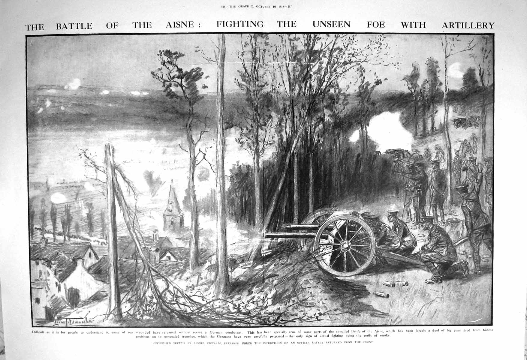 Original Old Antique Print 1914 Battle Aisne Artillery War Siers Germans Guns