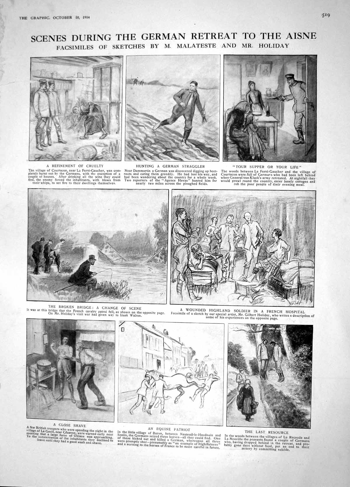 Original Old Antique Print 1914 Aisne War Highland Sier Battle Dennevoux Hun