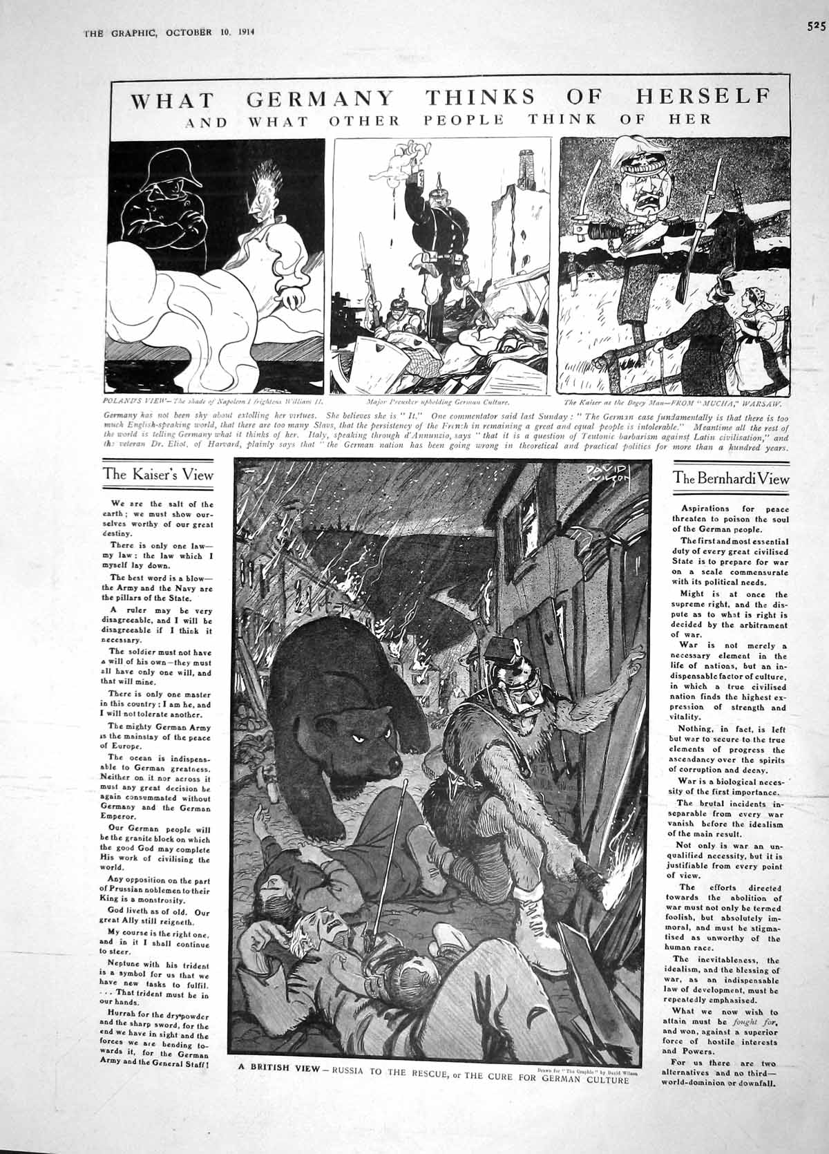 Original Old Antique Print 1914 Germany Kaiser Bogey Man Warsaw Russia Bear War