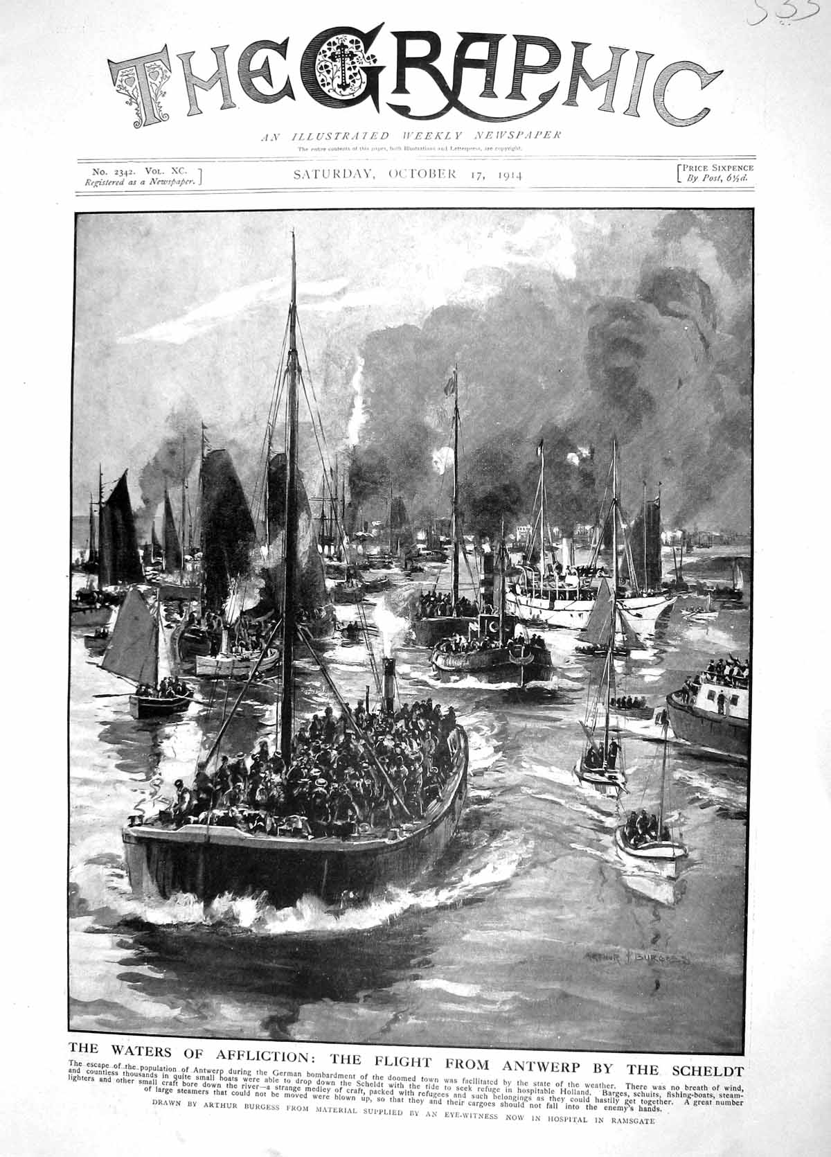 Original Old Antique Print 1914 War Ships Boats Antwerp Scheldt Burgess Holland