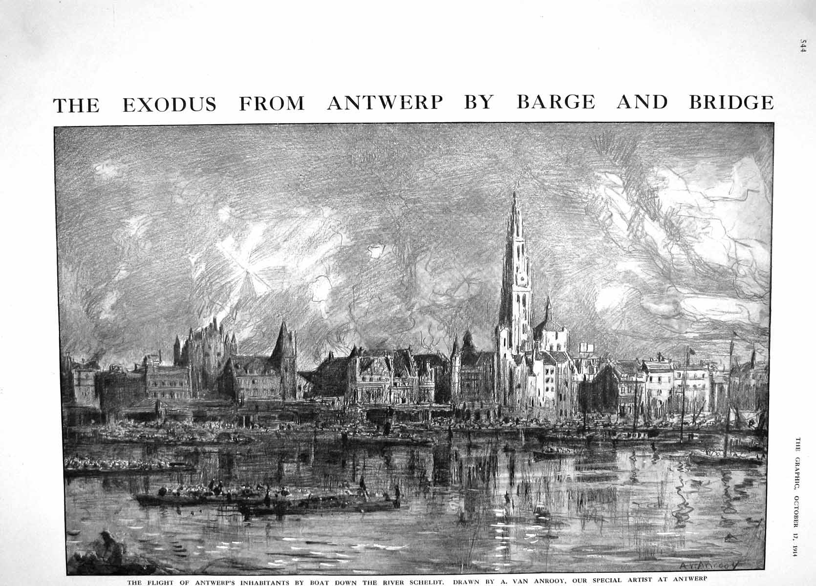 Original Old Antique Print 1914 Antwerp Exodus River Sceldt Bridge Barges Siers