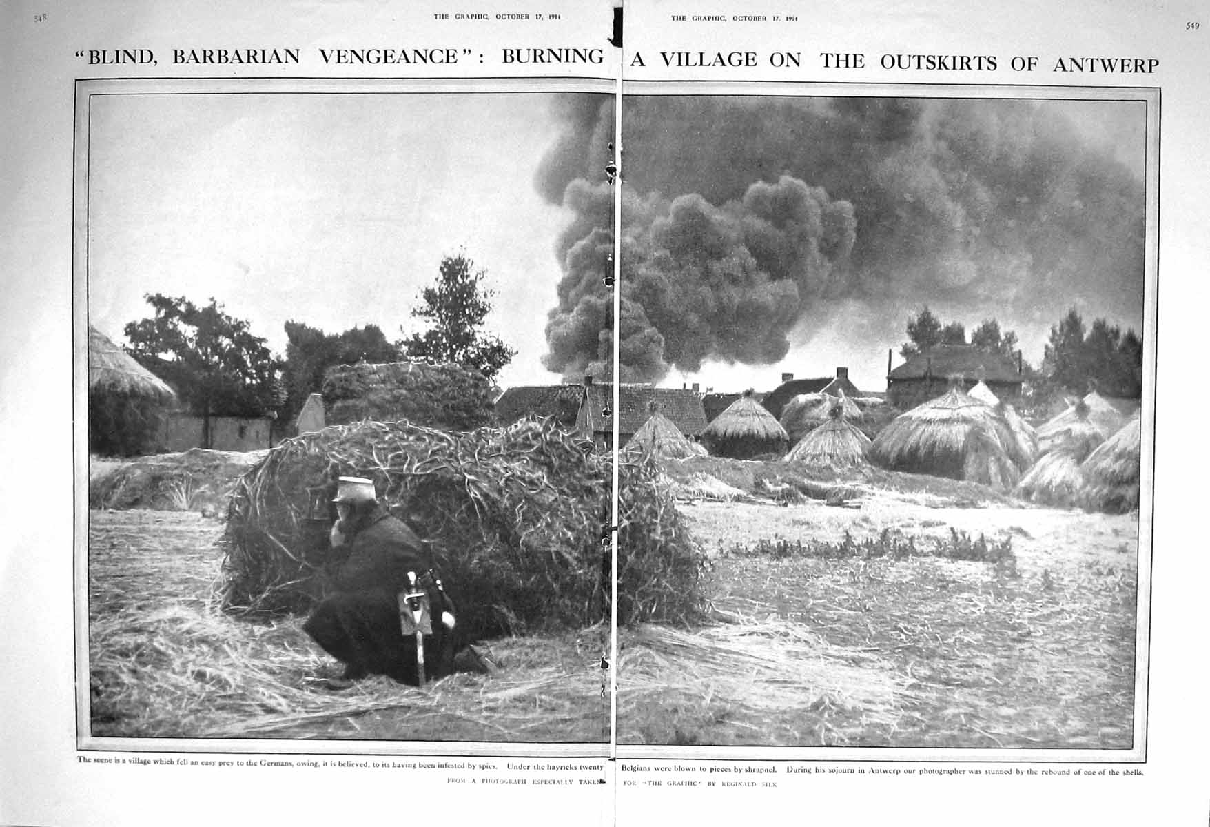 Original Old Antique Print 1914 Burning Village Antwerp Belgium German Siers