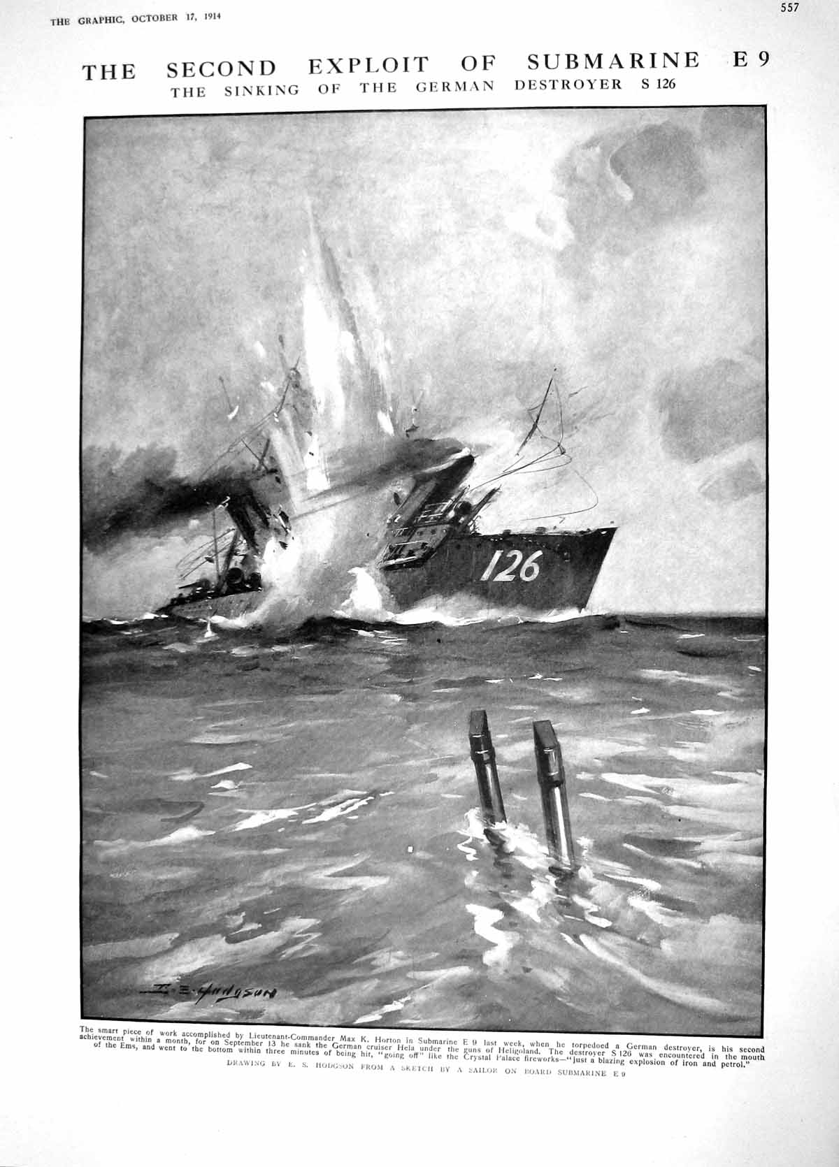Original Old Antique Print 1914 German Destroyer Ship Submarine Horton N 20th