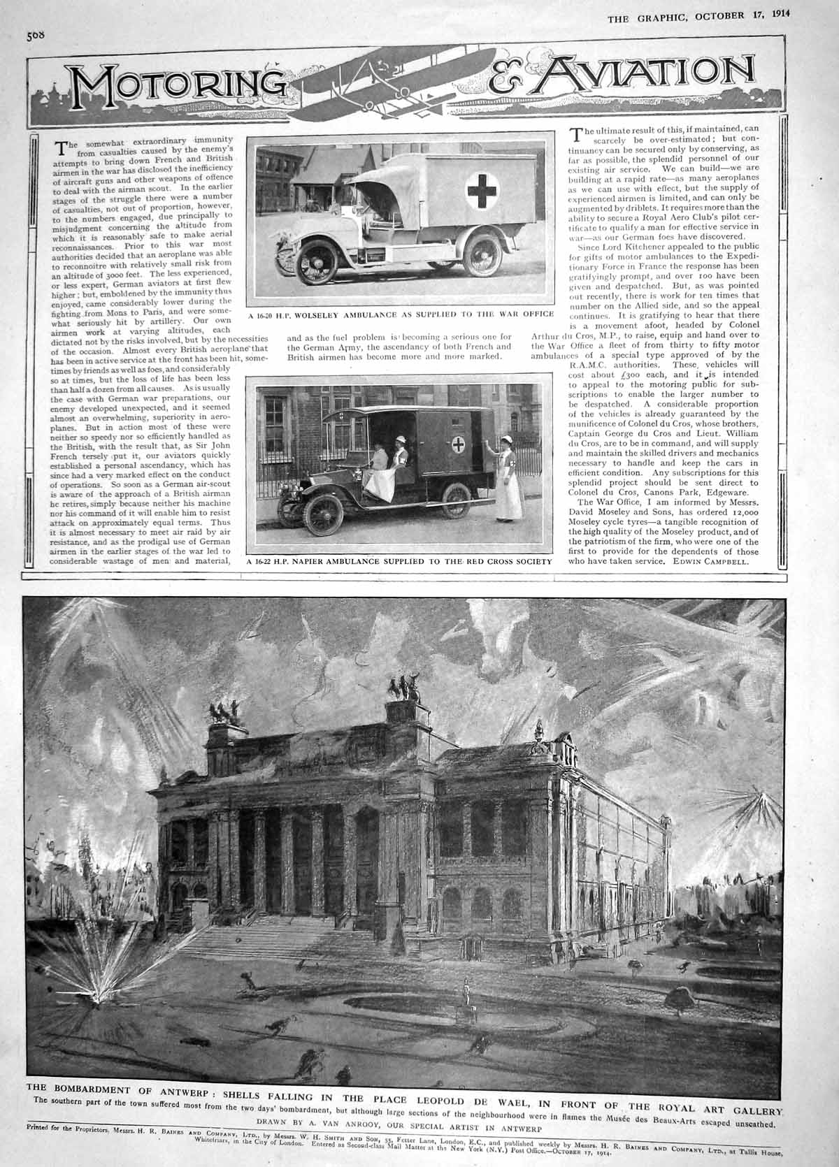 Original Old Antique Print 1914 Wolseley Ambulance War Napier Antwerp Leop 20th