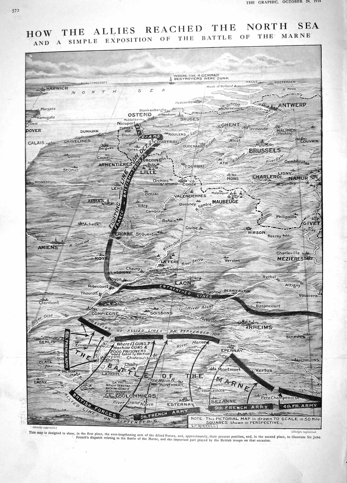 Original Old Antique Print 1914 Map Battle Marne Laon Lille Trafalgar Mar 20th