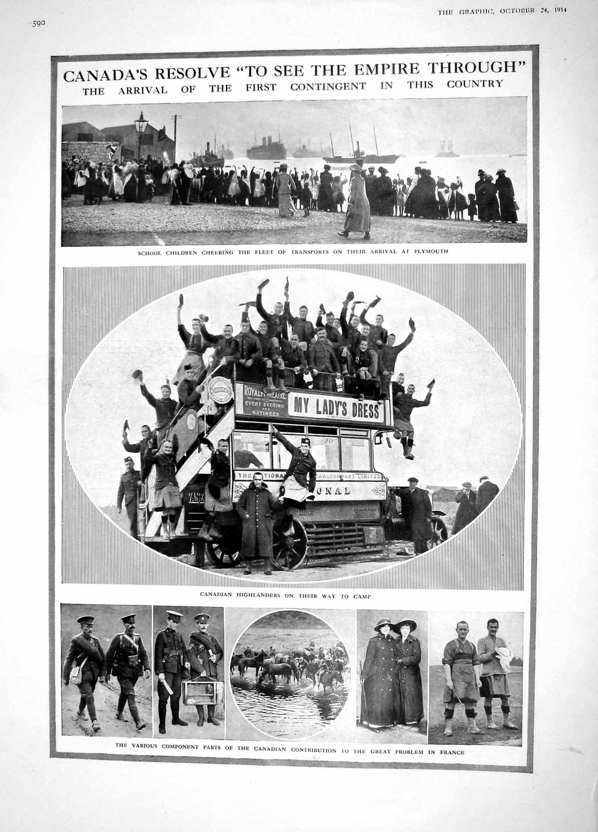 Original Old Antique Print 1914 Canadian Highlanders Plymouth War Cookson Roper
