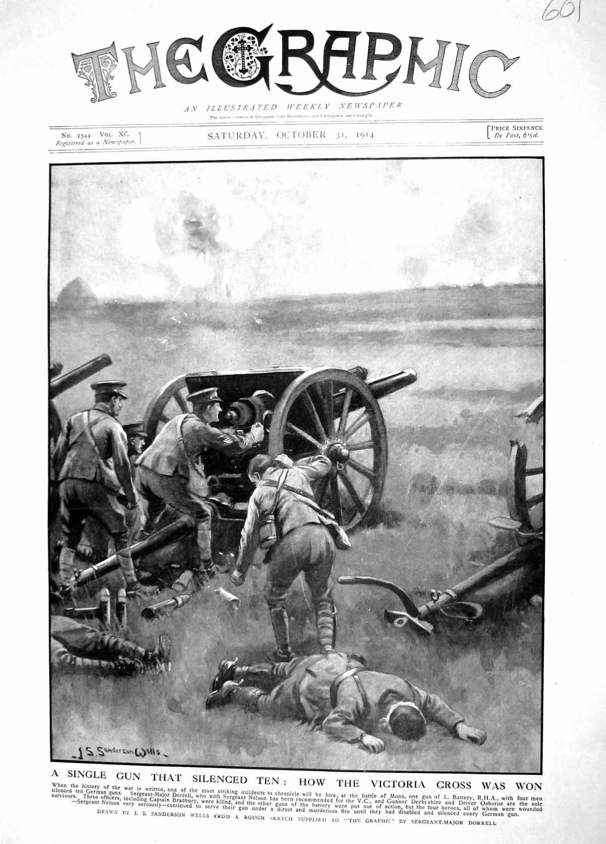 Old Antique Print 1914 Single War Gun Victoria Cross Dorrell Nelson Mons 20th