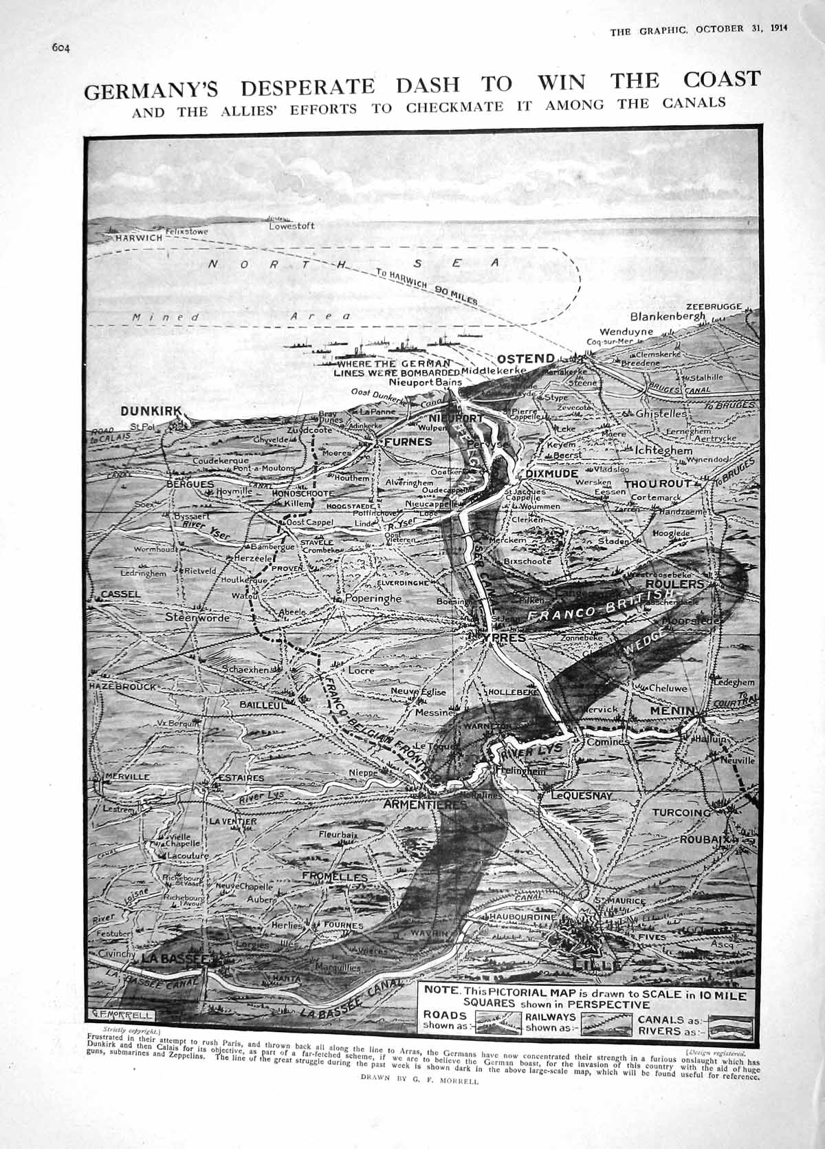Original Old Antique Print 1914 War Map Germany Ypres Lille Dunkirk Douglas 20th