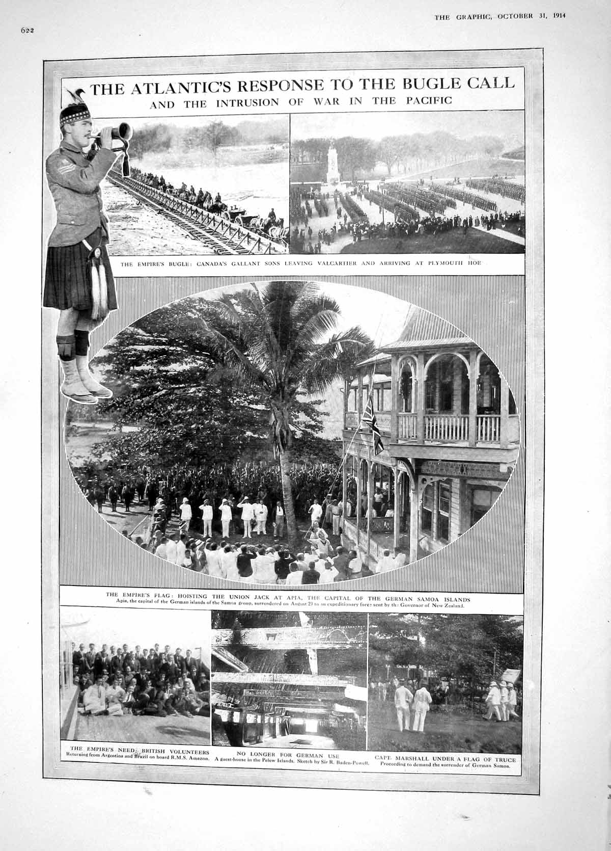 Original Old Antique Print 1914 Union Jack Apia Samoa Marshall War Belgium 20th