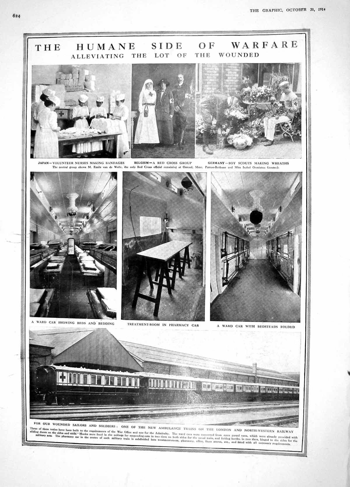 Original Old Antique Print 1914 Belgium Red Cross Nurses Ambulance Train Russia