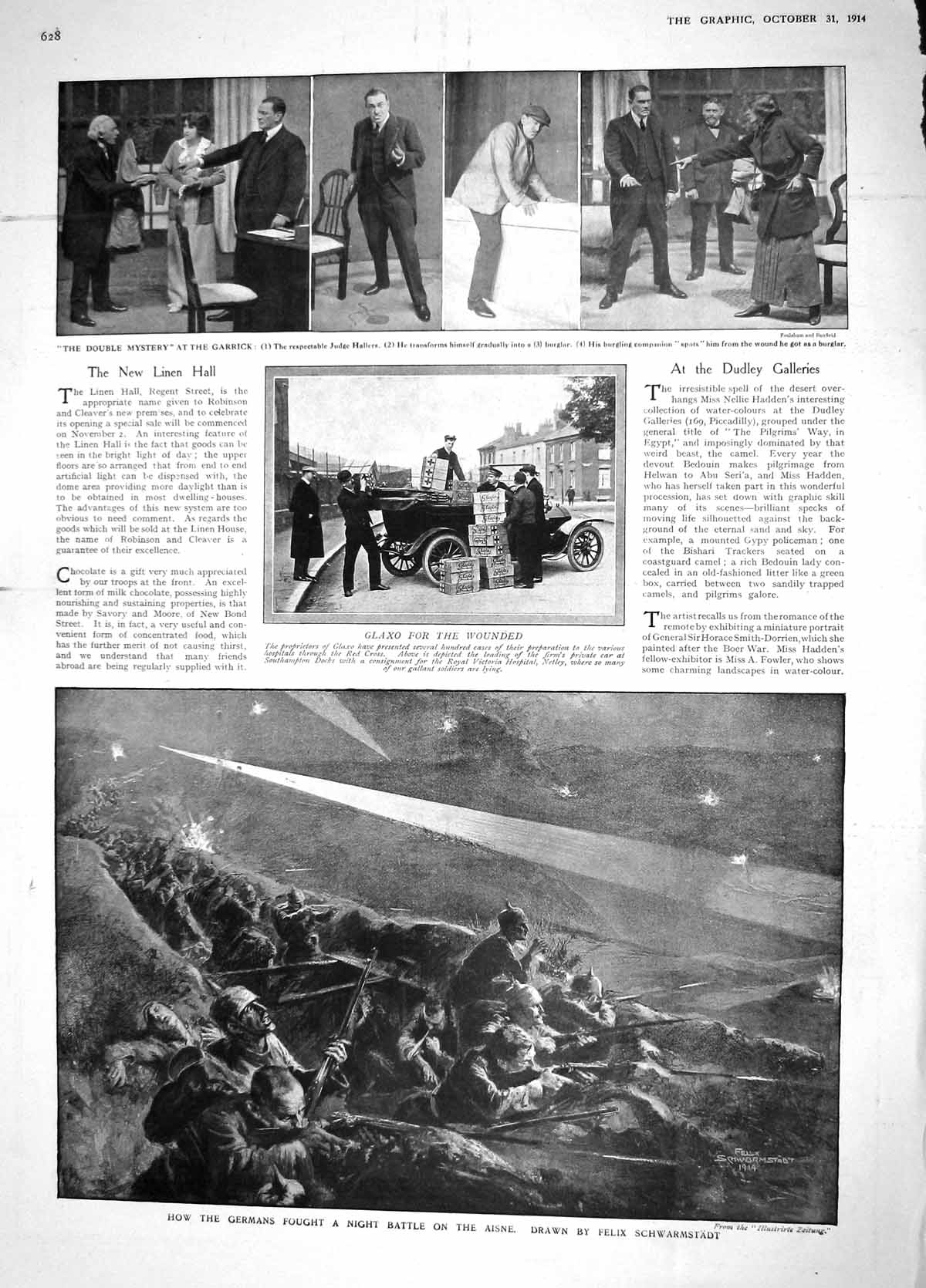 Original Old Antique Print 1914 Garrick Theatre Glaxo War Aisne Ypres Mess-Cart