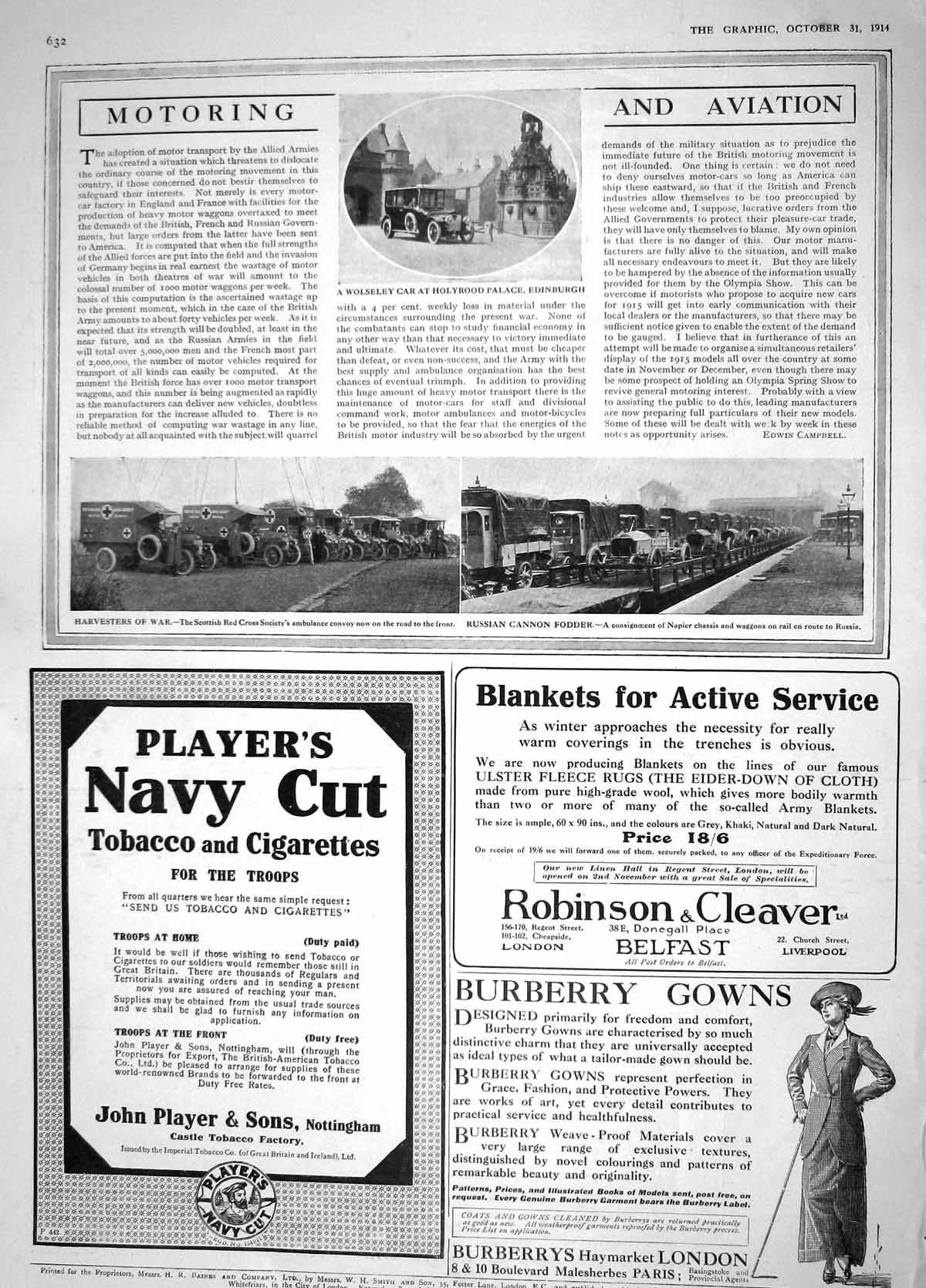 Old Antique Print 1914 Wolseley Motor Car Holyrood Palace Edinburgh War 20th