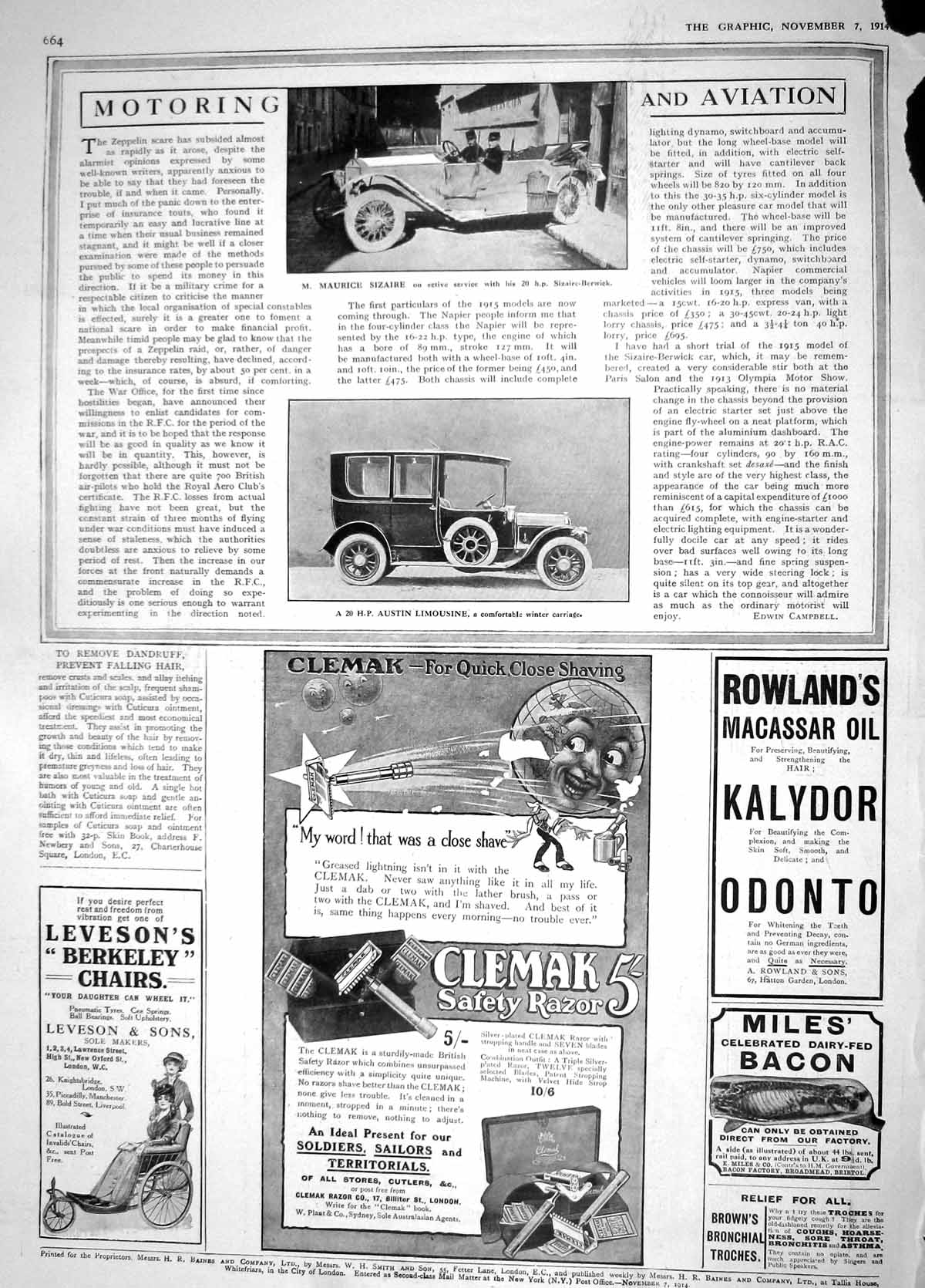 Old Antique Print 1914 Maurice Sizaire Motor Car Austin Limousine Razor 20th