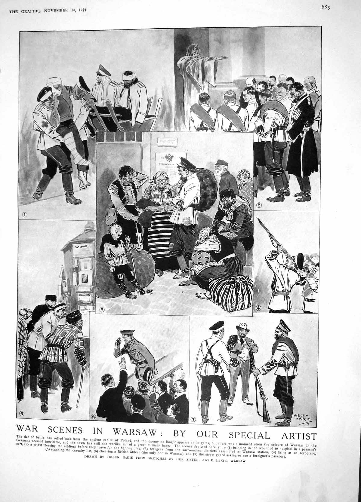 Original Old Antique Print 1914 War Warsaw Poland Siers Highland Territorials