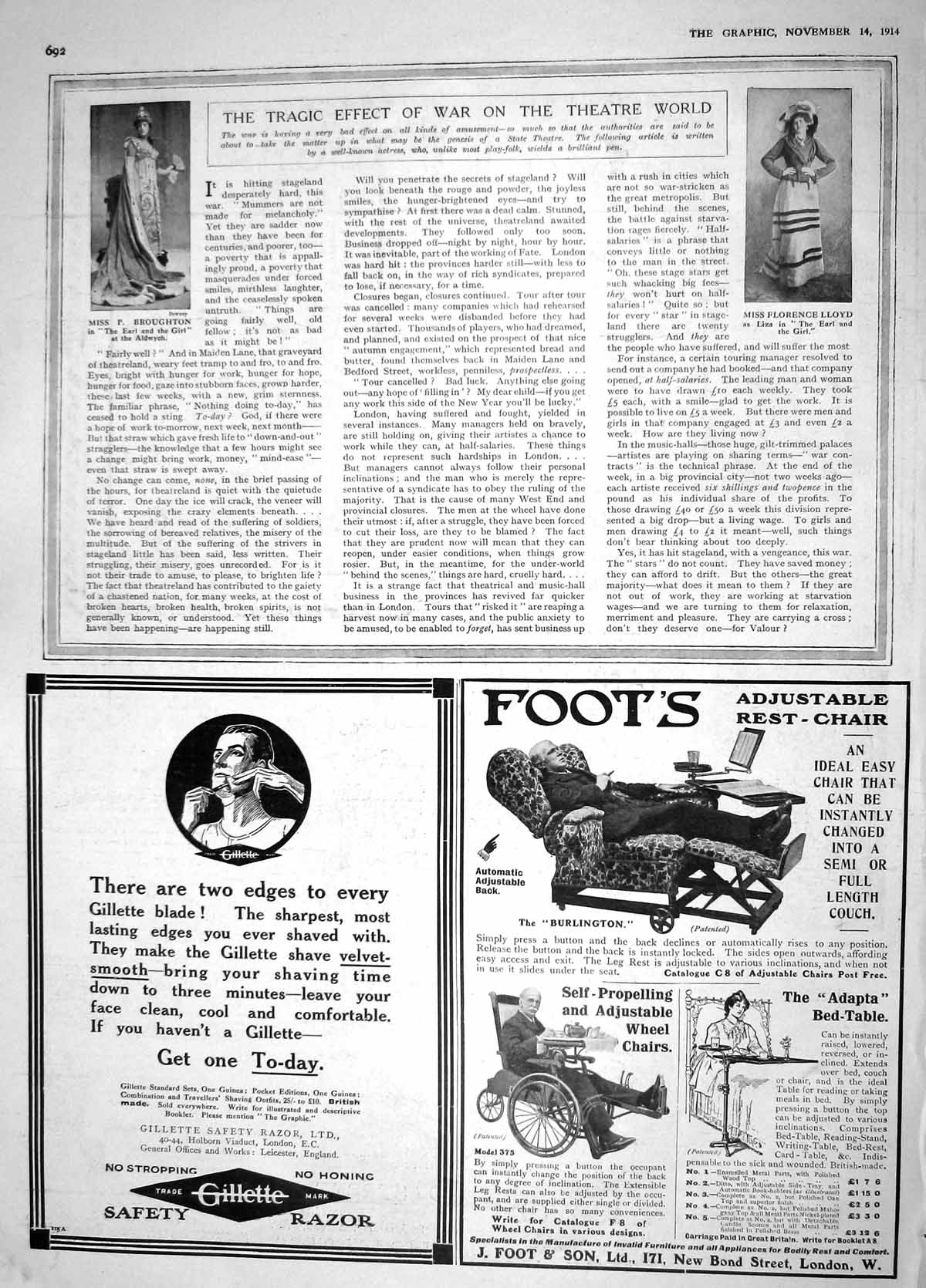 Original Old Antique Print 1914 Florence Lloyd Broughton Theatre Foot Chair