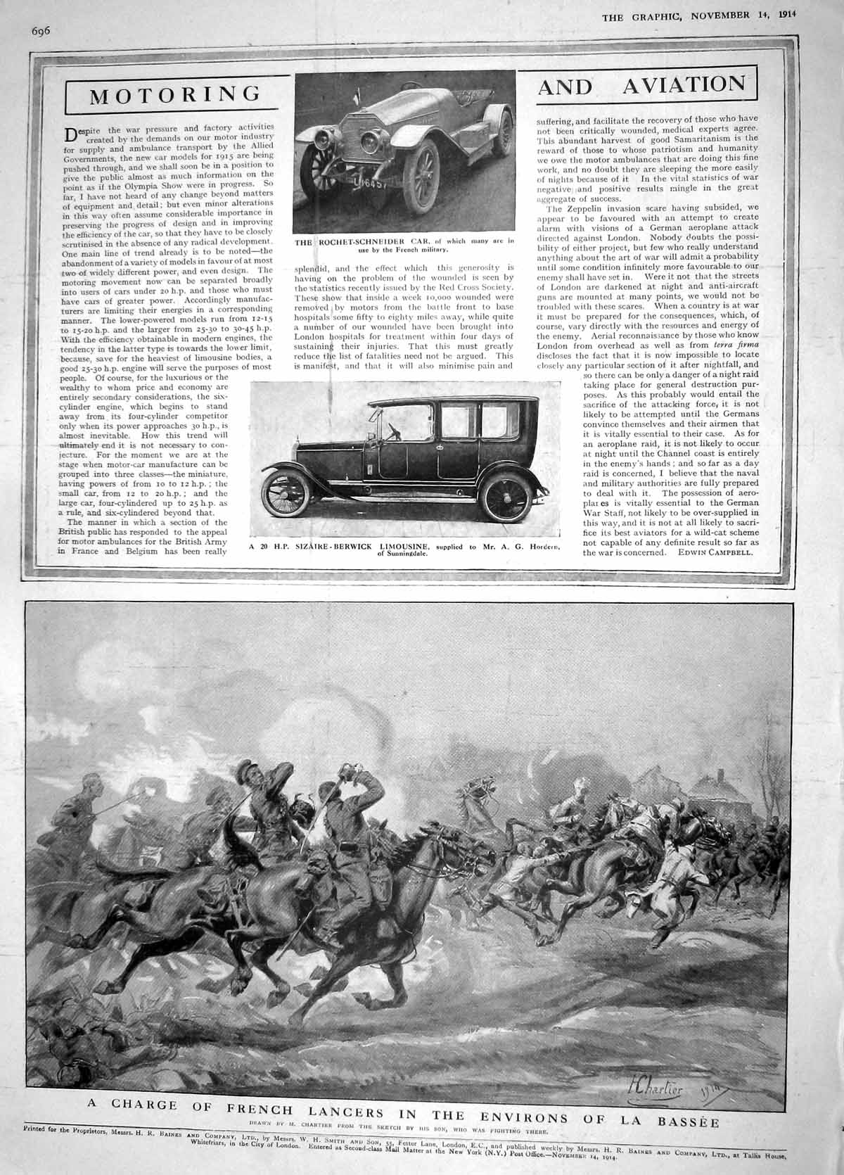 Original Old Antique Print 1914 Rochet-Schneider Car Sizaire Berwick Limousine