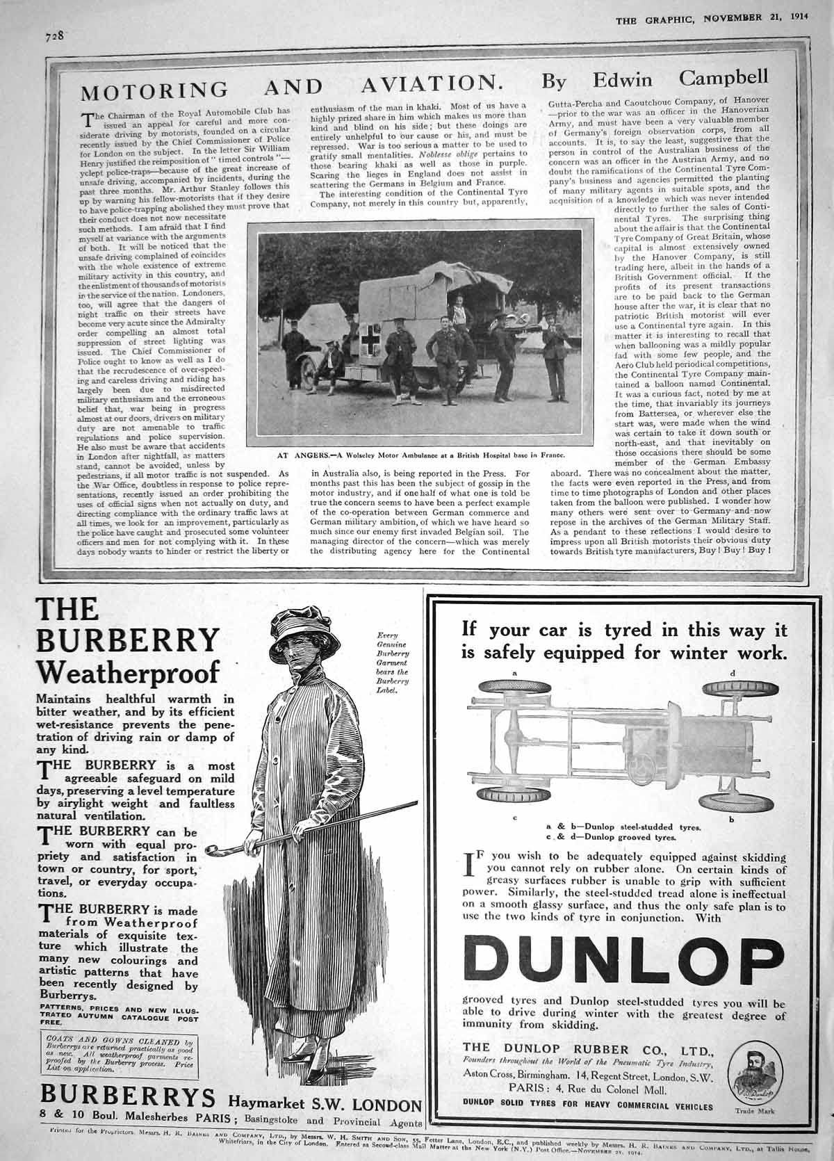 Old Antique Print 1914 Wolseley Motor Ambulance Hospital France Burberry 20th