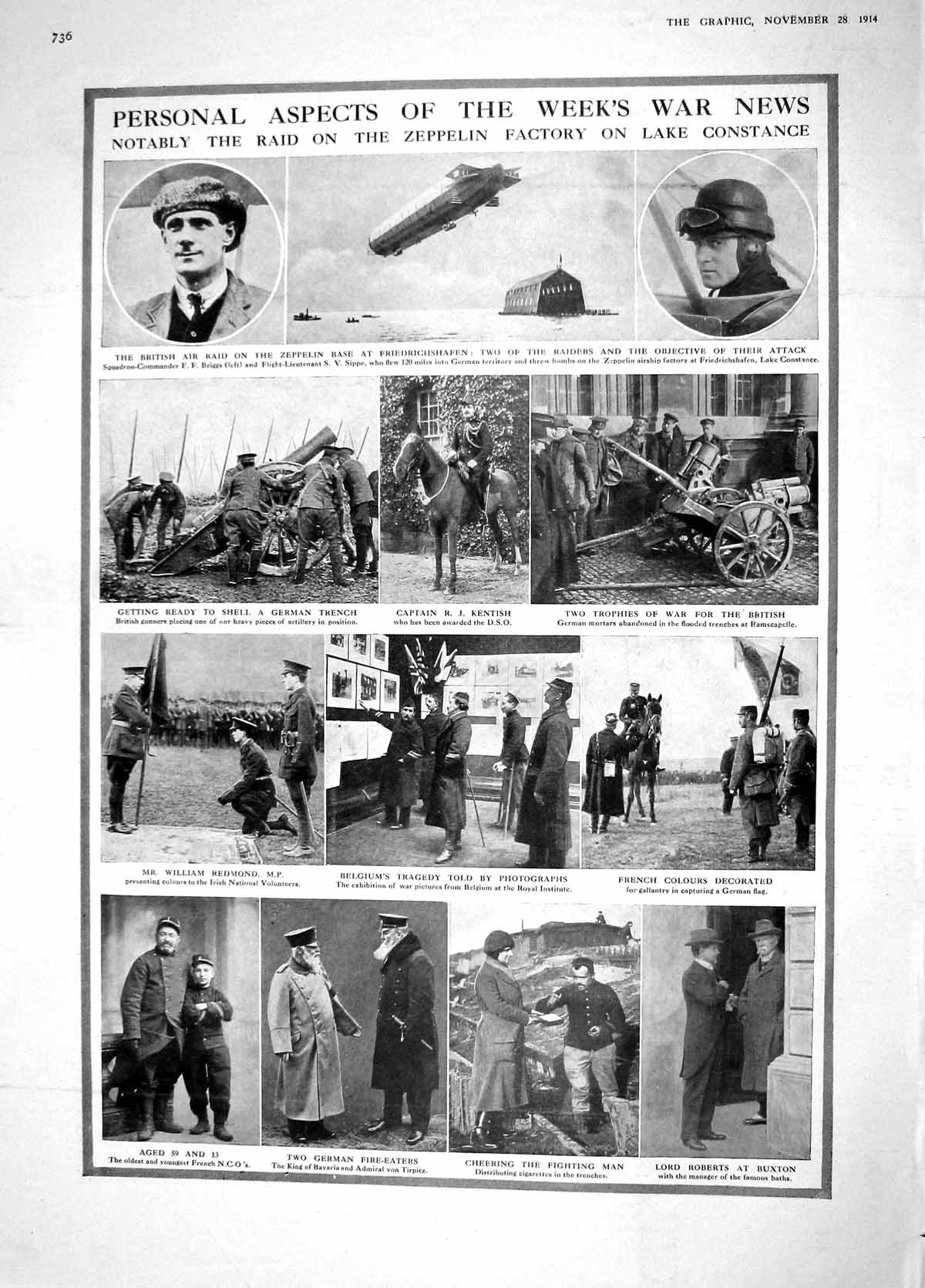 Old Antique Print 1914 Zeppelin Kentish War Roberts Redmond Ypres Bastion 20th