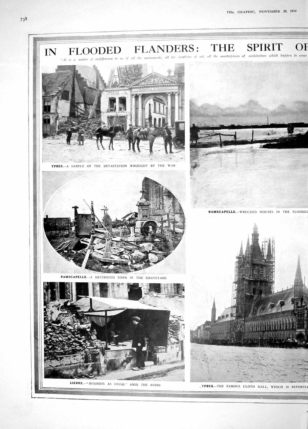 Old Antique Print 1914 Flood Flanders France Ypres Lierre War Ramscapelle 20th