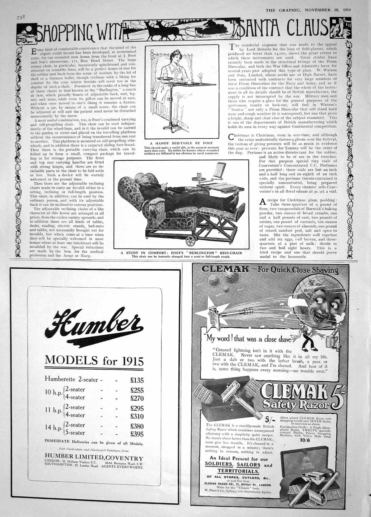 Original Old Antique Print 1914 Christmas Bed-Table Burlington Foot-Chair Razor