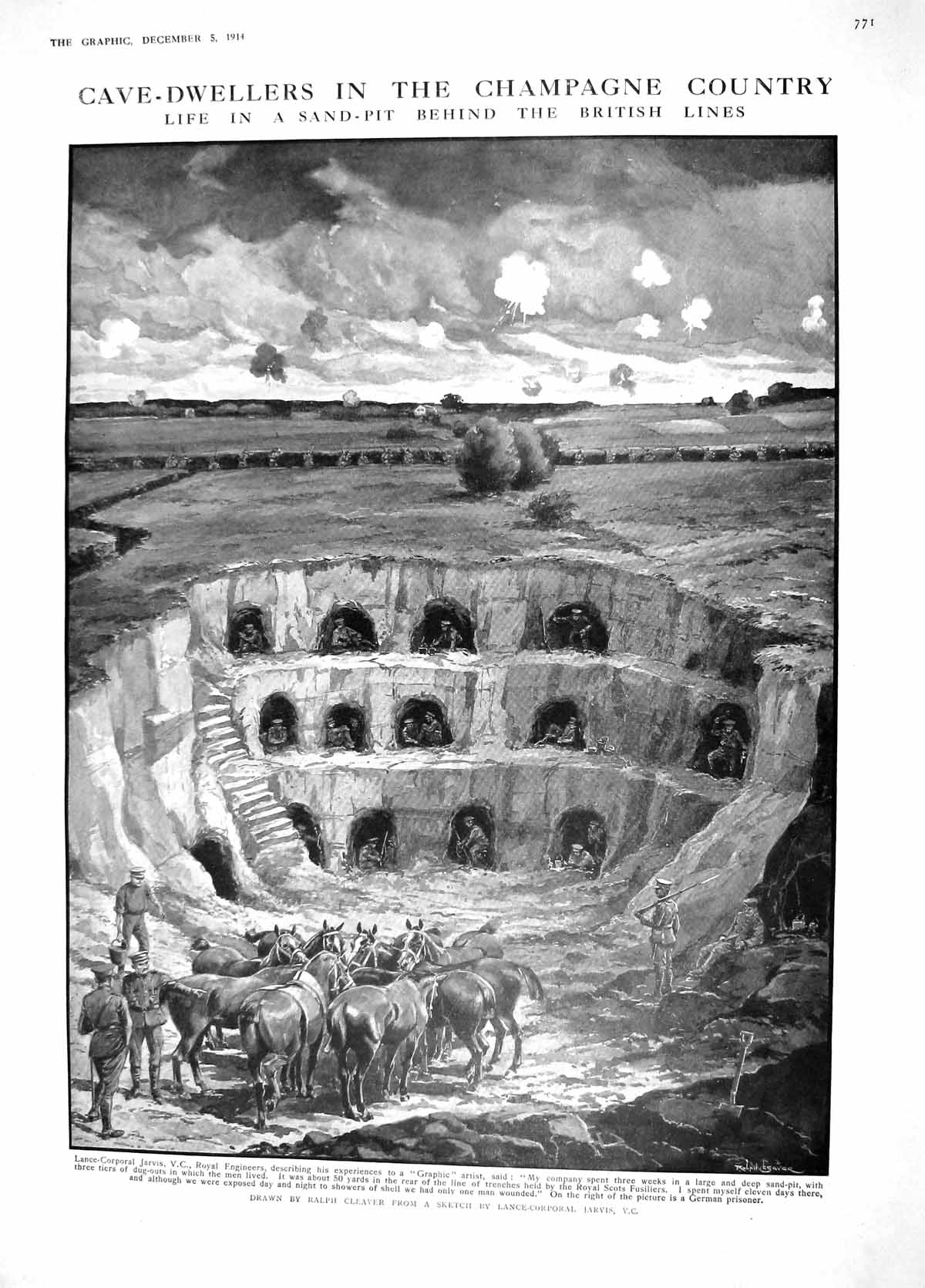 Original Old Antique Print 1914 Cave Dwellers Champagne Jarvis War French Lille