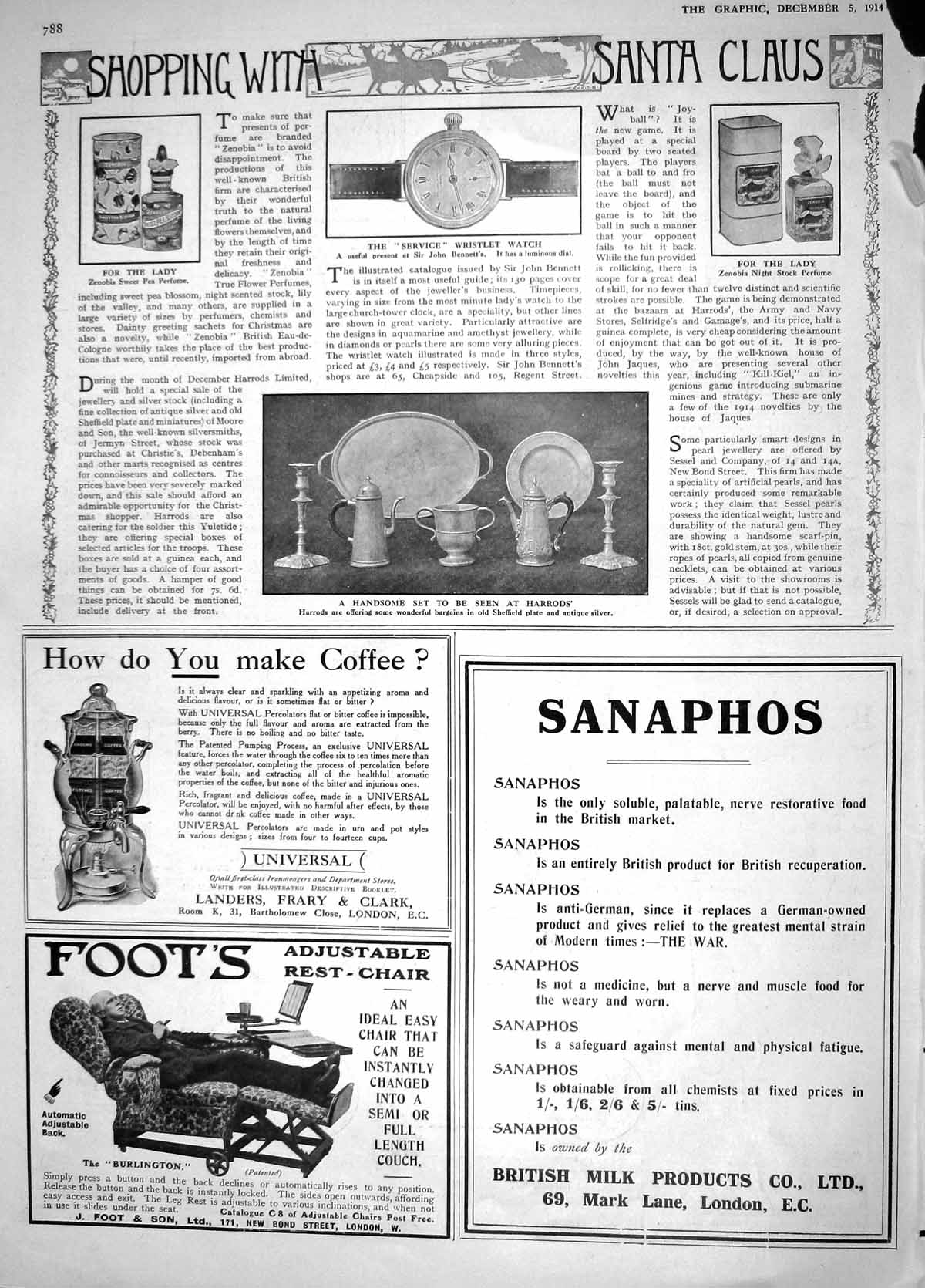 Original Old Antique Print 1914 Christmas Harrods Zenobia Watch Sanaphos Chair