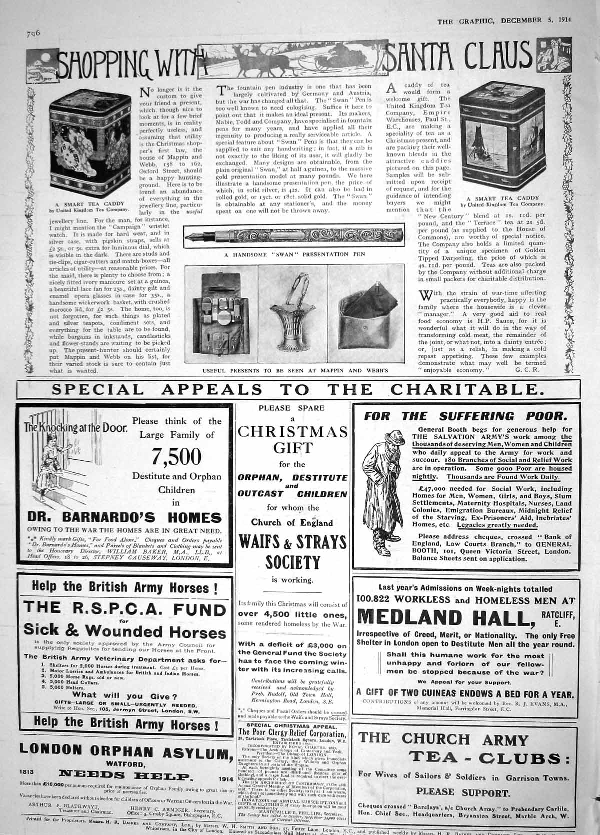 Old Antique Print 1914 Christmas Swan Pen Mappin Webb Tea Caddy Medland 20th