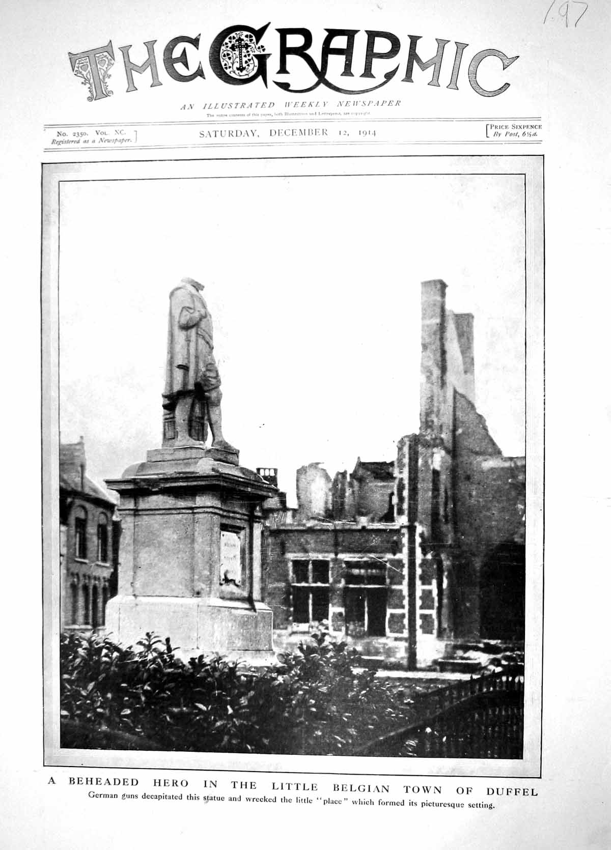 Original Old Antique Print 1914 German Guns Decapitated Statue Duffel Belgium