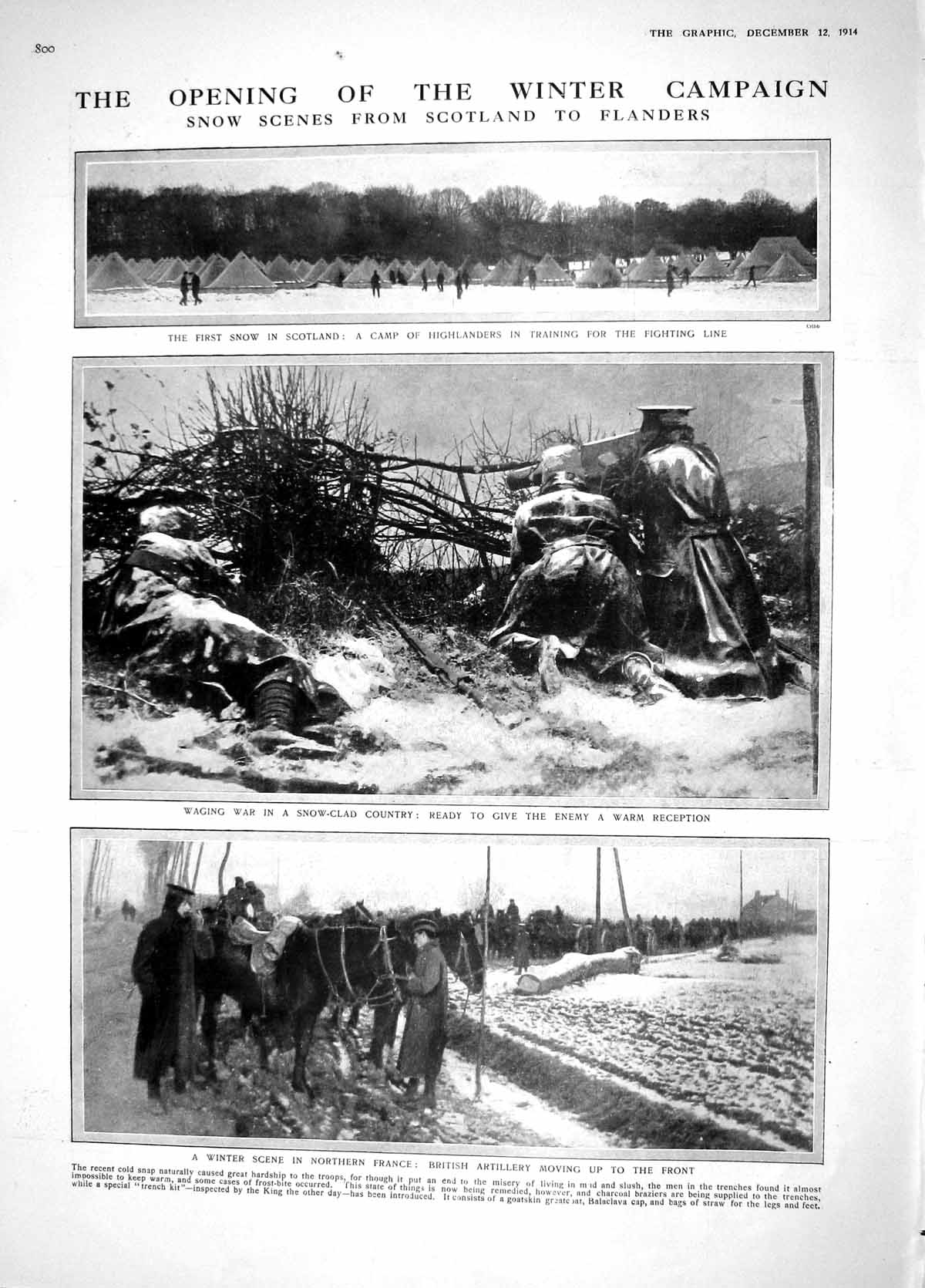 Original Old Antique Print 1914 Snow Scotland Highlanders France War Smithfield