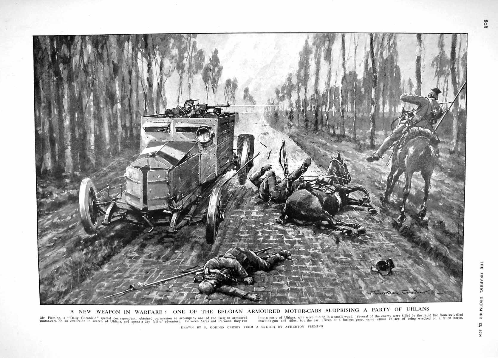 Original Old Antique Print 1914 Belgian Armoured Motor Car Uhlans War Singh 20th