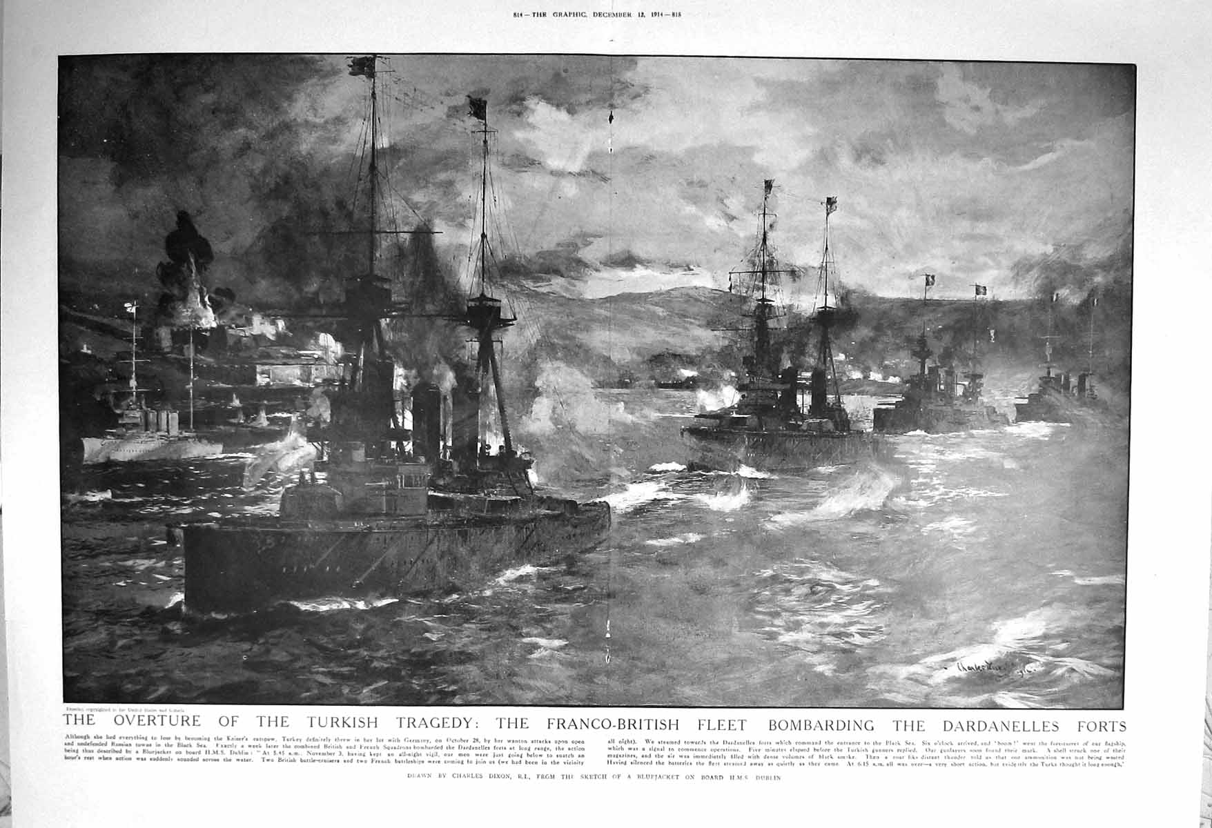 Old Antique Print 1914 Franco-British War Ships Dardanelles Forts Black 20th