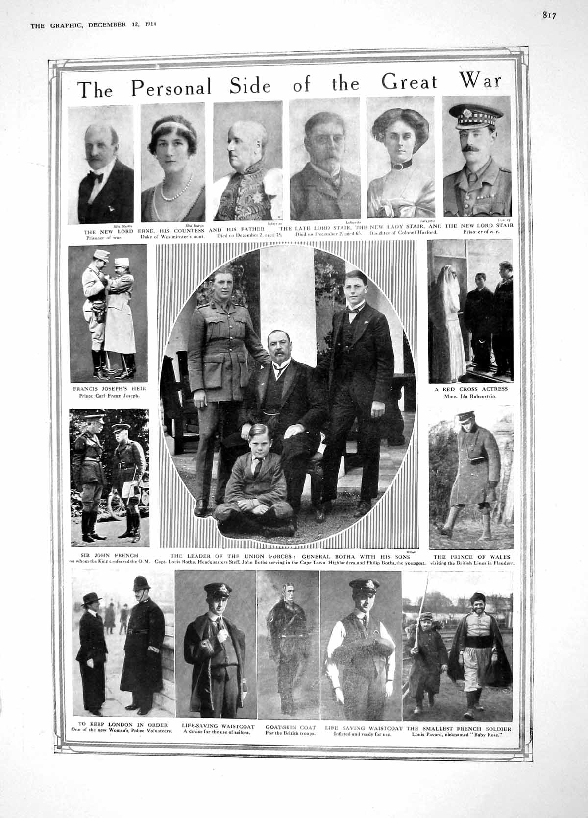 Old Antique Print 1914 War Botha Stair Erne French Red Cross Duncan Finch 20th