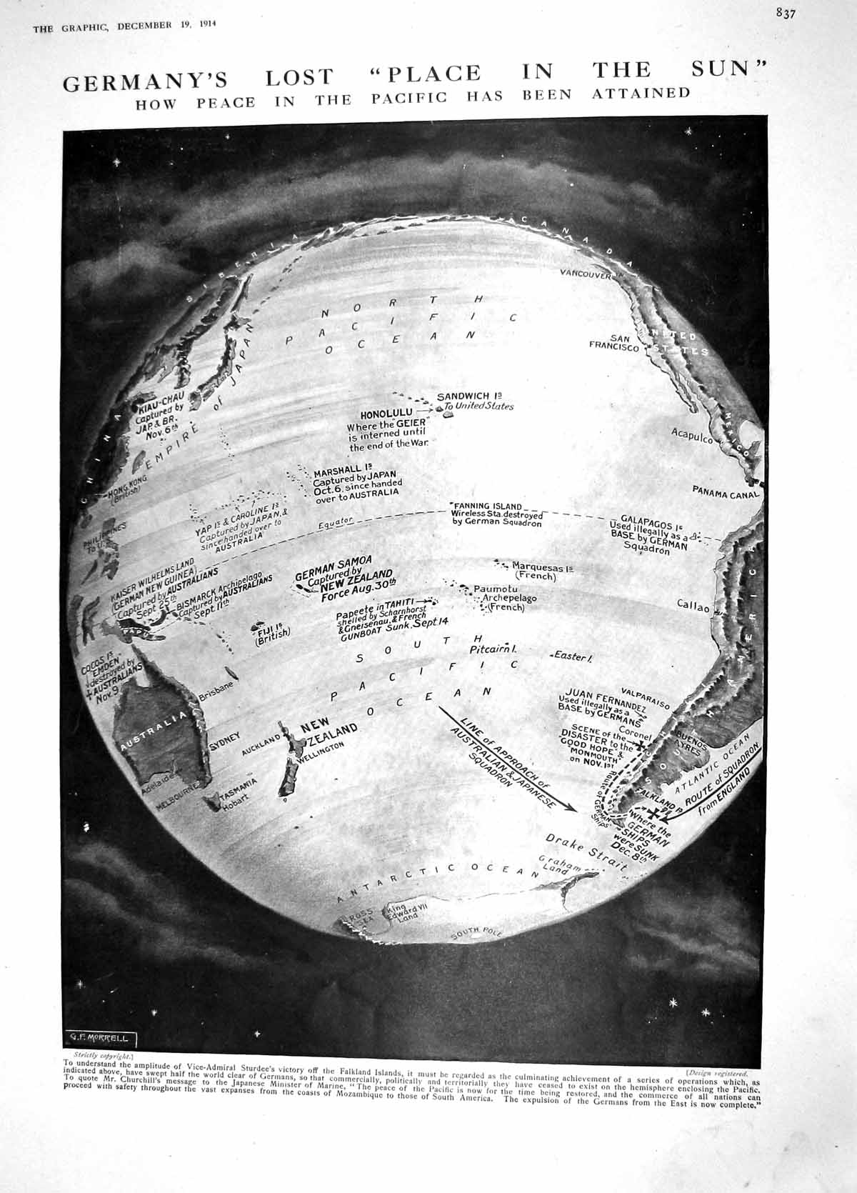 Original Old Antique Print 1914 World Pacific Samoa Fiji Honolulu War Spee Ship