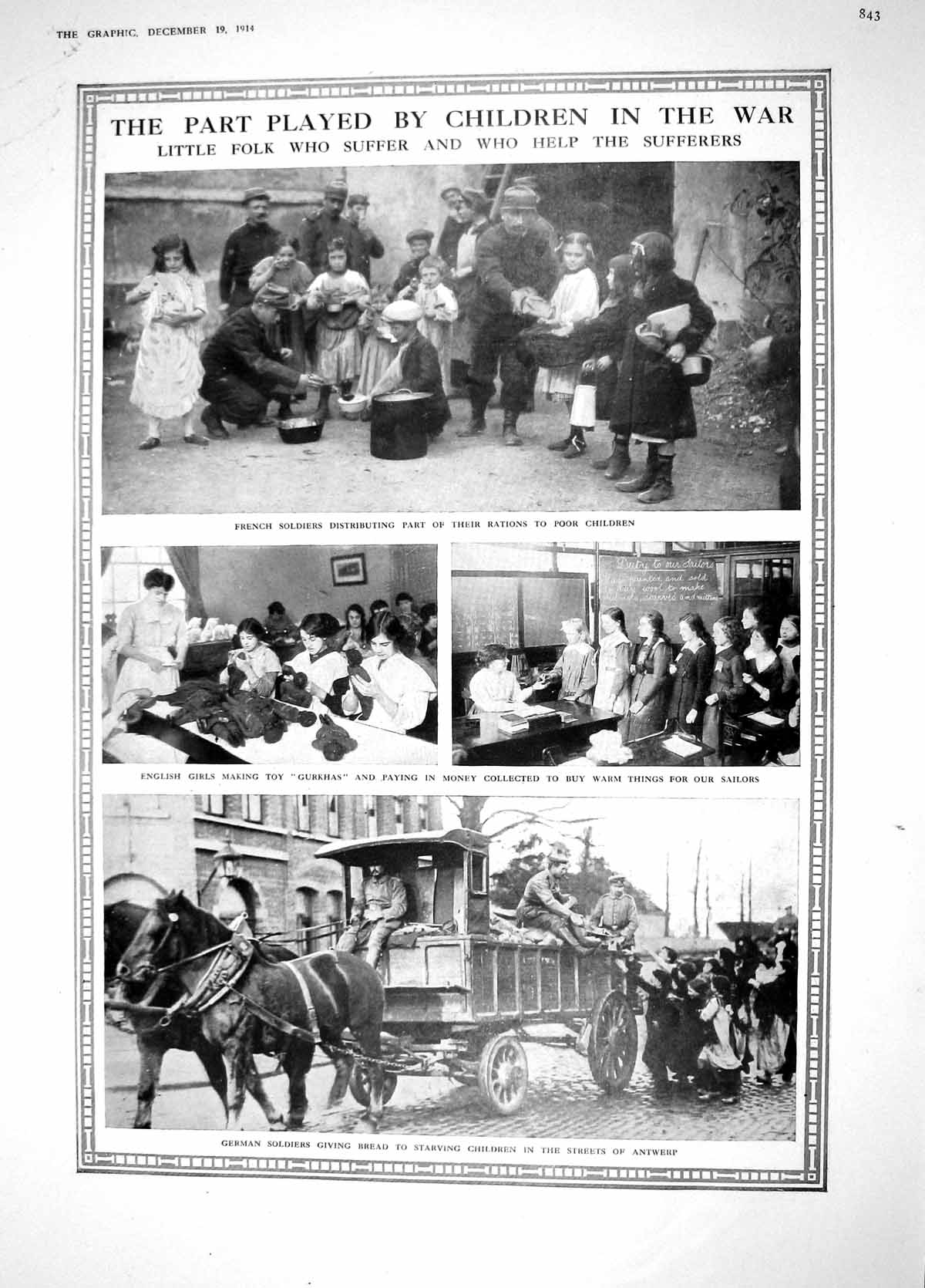 Original Old Antique Print 1914 French Siers Children War Antwerp Motor Horse